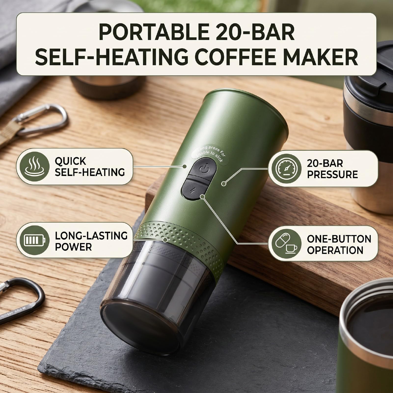 Naroote Tragbare Kapsel-Kaffeemaschine mit 20 bar Druck und Selbstheizung | 50 ml in 3–4 Minuten, Speicher mit 7800 mAh und Autoladegerät, für Gemahlenen Kaffee oder Kapseln Geeignet, Edelstahl