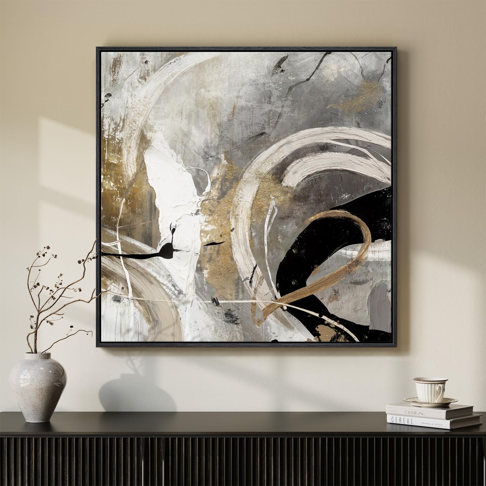 Framed Neutral Abstract Wall Art, Modern Gray Black Gold Canvas Prints Artwork for Walls, Contemporary Square Pictures for Living Room Bedroom Dining Room Hallway Office Wall Decor, 30x30 In