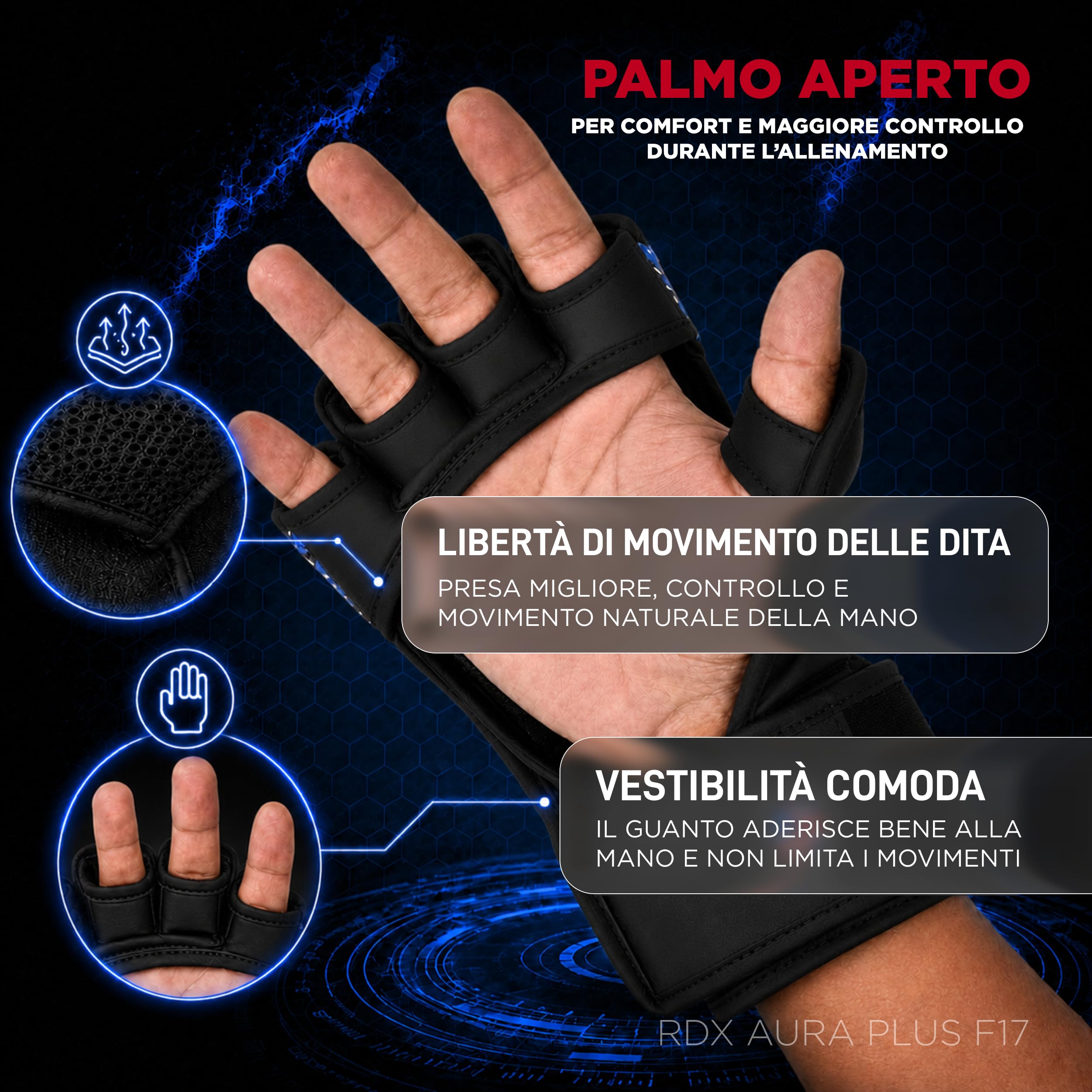 RDX Guanti Grappling Aura Plus F-17, Guanti MMA con Protezione Rinforzata per il Pollice, Guanti MMA Sparring per Sparring e Allenamento, Guanti da Boxe MMA in Pelle Sintetica per Uomo e Donna