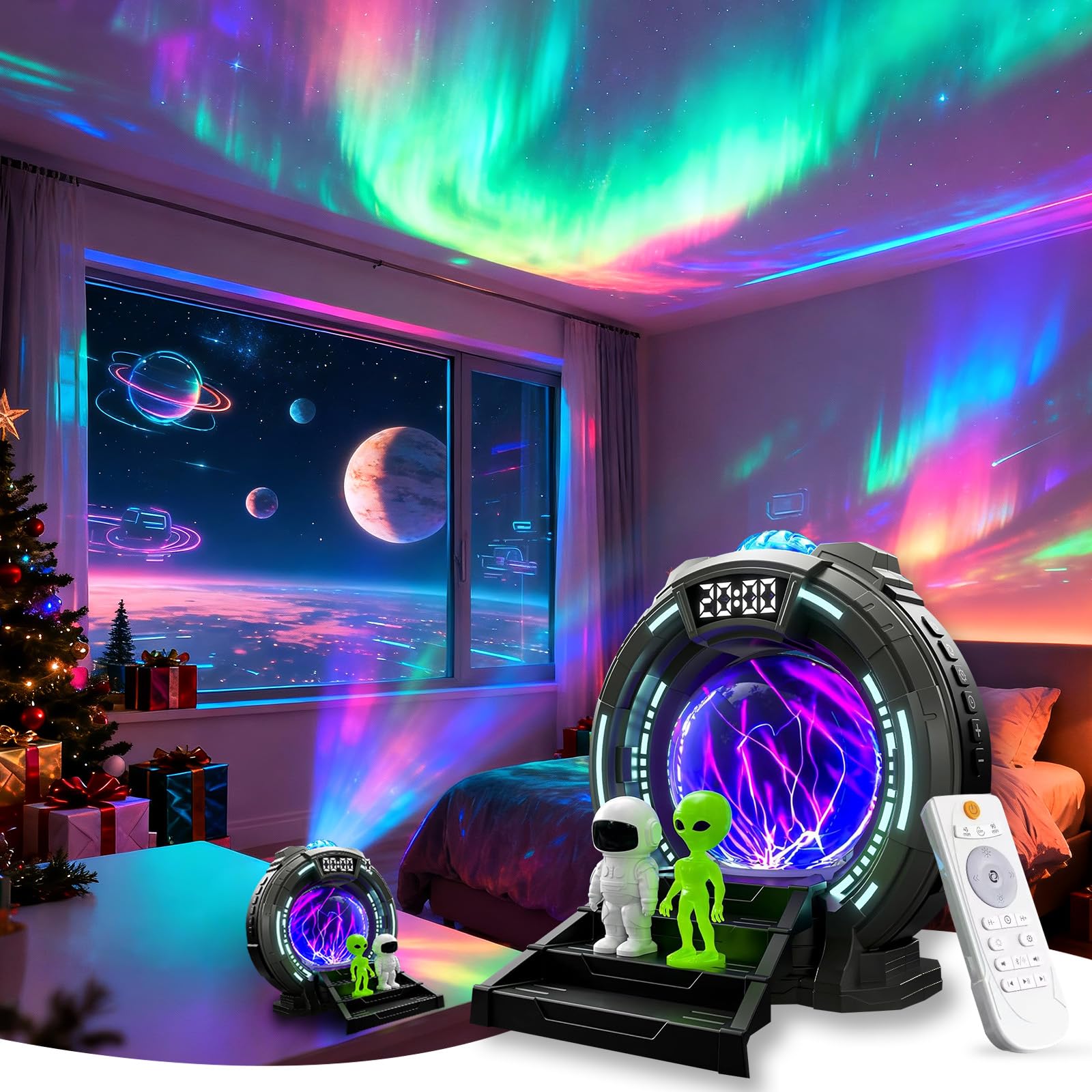Galaxy Projector,Sternenhimmel Projektor Aurora Lampe mit 8 Polarlichtern & 8 Weißrauschen, Astronaut Projektor mit Plasma Ball, Bluetooth Lautsprecher,Creative Lighting,Einschlafhilfe & Entspannung