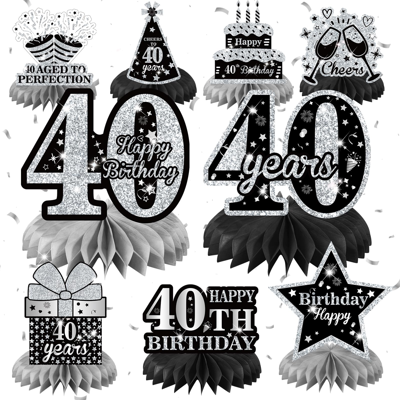9Pcs Black Silver 40th Birthday Decorations Black Silver 40th Birthday Honeycomb Centerpieces for Tables Decor 40th Birthday Table Topper Cheers to 40 Years Sign for Men Women 40th Birthday Party