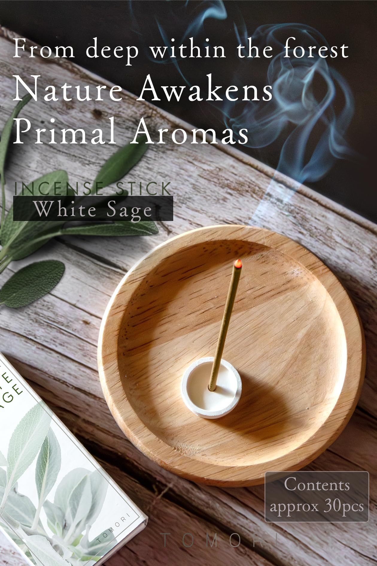 TOMORI - Varillas de incienso japonés, color salvia blanca, aproximadamente 30 unidades de varillas de incienso de limpieza orgánicas para meditación y relajación