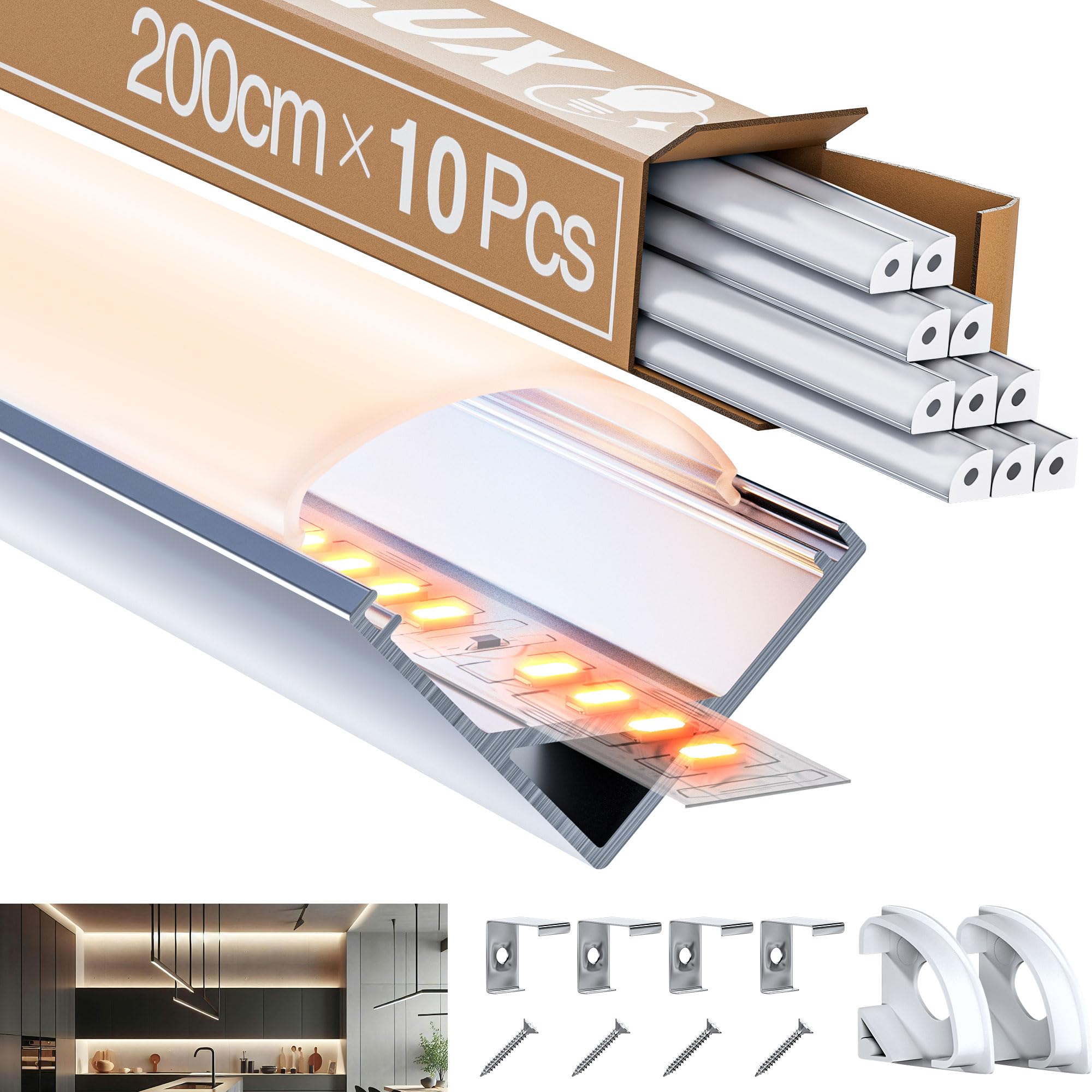 Aluminiowy profil kątowy LED 10 x 2m (20 m) pod kątem 90° do taśm LED do 10 mm z pokrywą PC, mlecznobiałą, metalowymi końcówkami i klipsami montażowymi