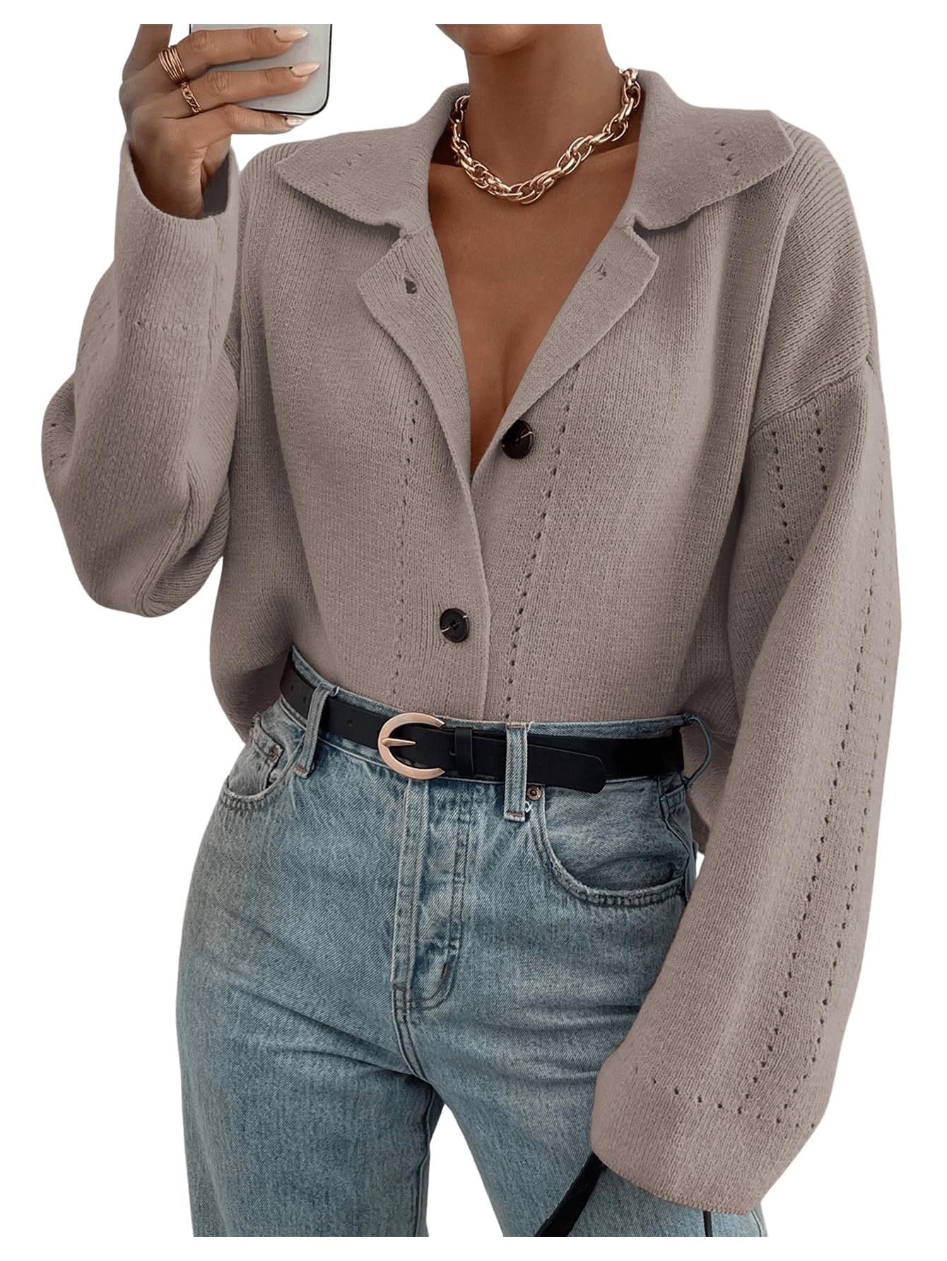 MakeMeChic Womens Cardigan Sweaters Chunky Collared V Neck Long Sleeve Button Down Winter Sweaters