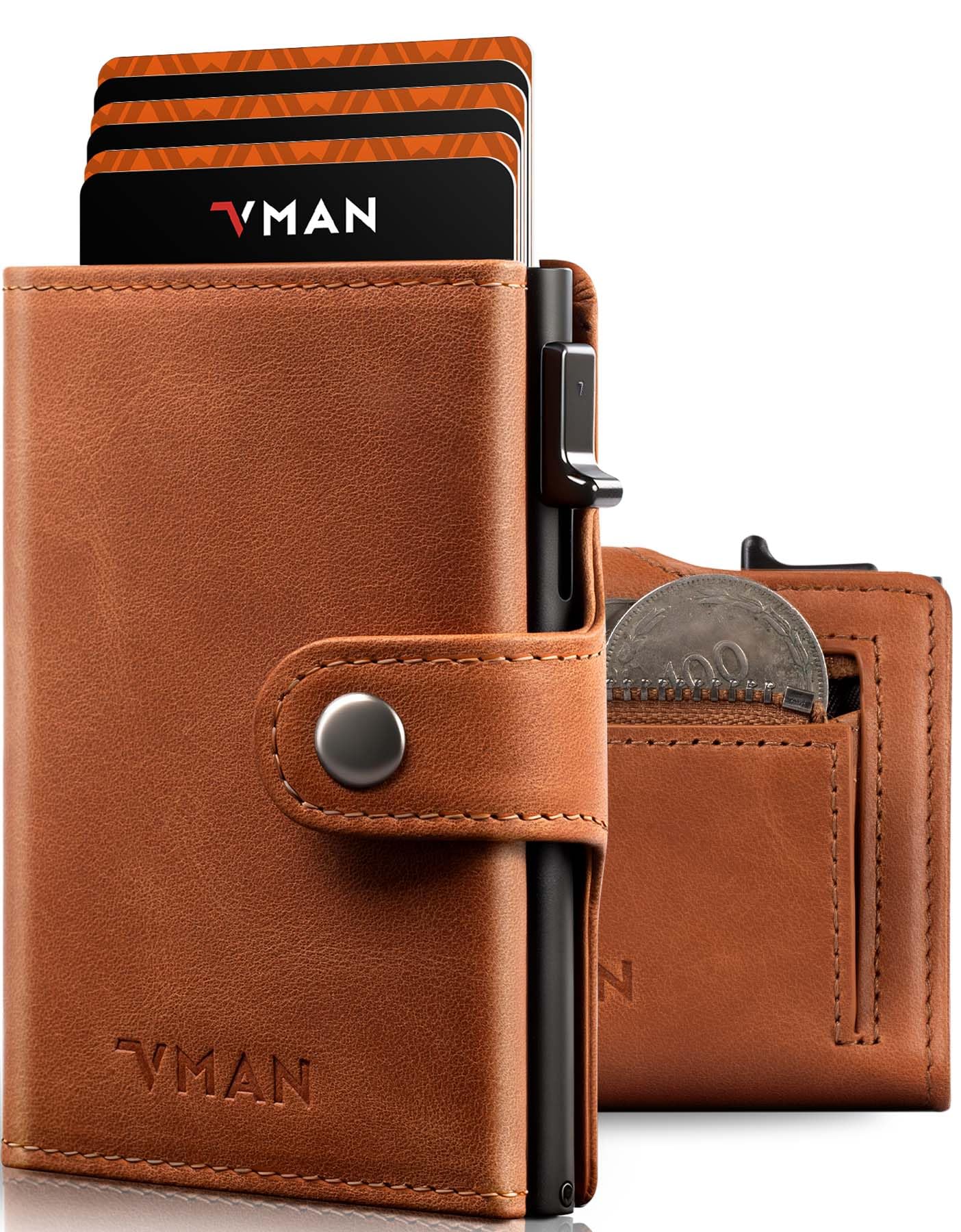 VMAN Geldbörse Herren, Slim Wallet mit Münzfach, RFID Schutz, Premium Leder Portmonee Geldbeutel für 8–11 Karten, Kleines Kartenetui für Alltag & Reise - Braun