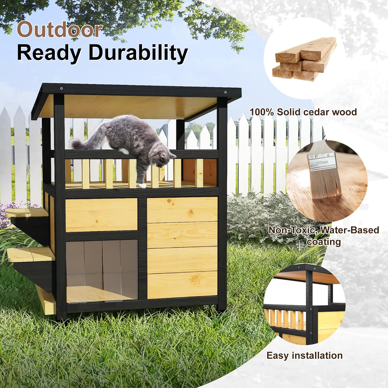 Cat House Weatherproof, Wooden Two Story Feral Cat Shelter with Escape Door, Indoor/Outdoor Enclosure for Small/Medium Pets, Pull-Out Bottom & Scratching Mat Included - Black and Earthy yellow