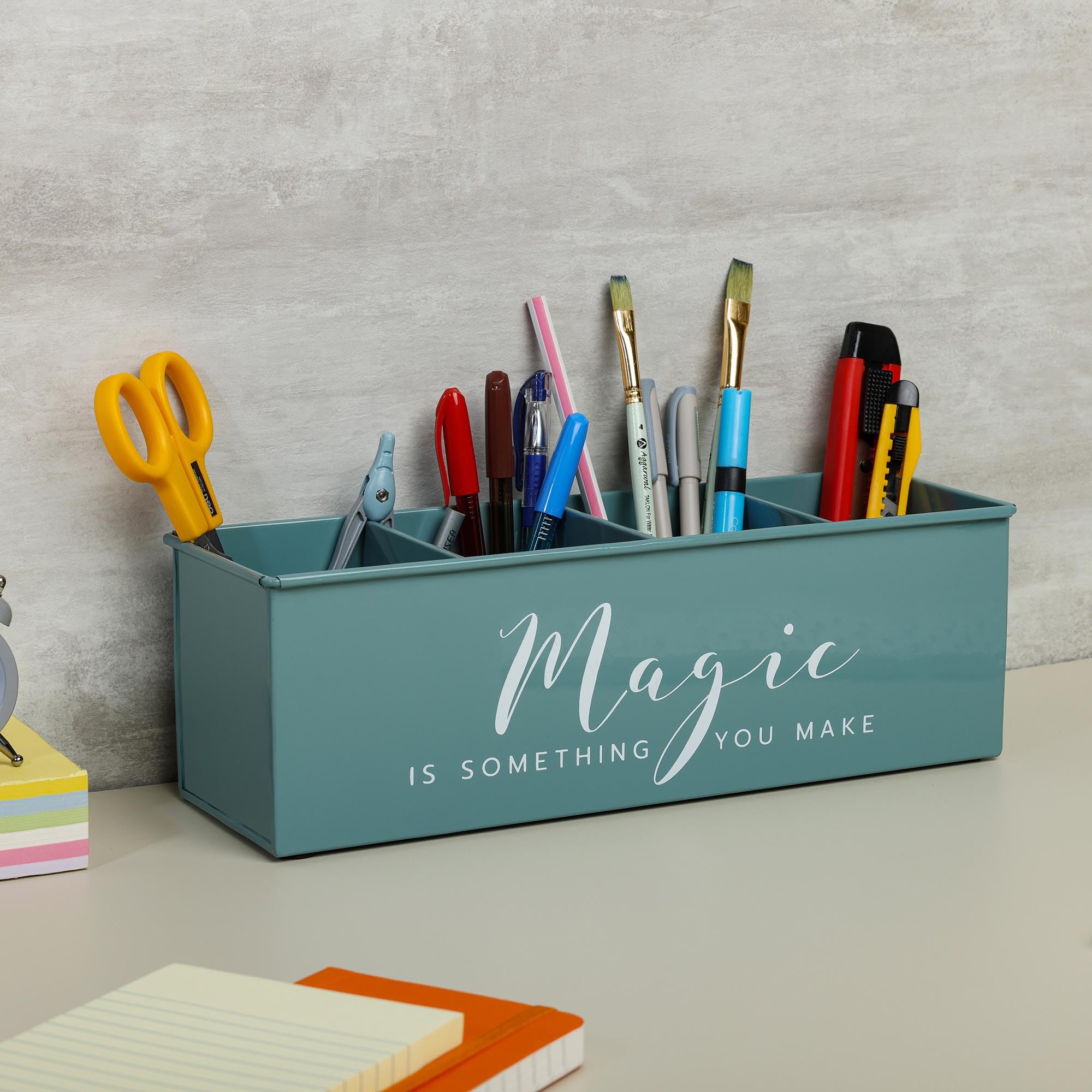 anantam homes Organizer na biurko z 4 przegródkami na stół biurowy, stylowy metalowy organizer na biurko, stacjonarne przechowywanie, piórnik do biura, domu i stołu do nauki (magiczny) zielony