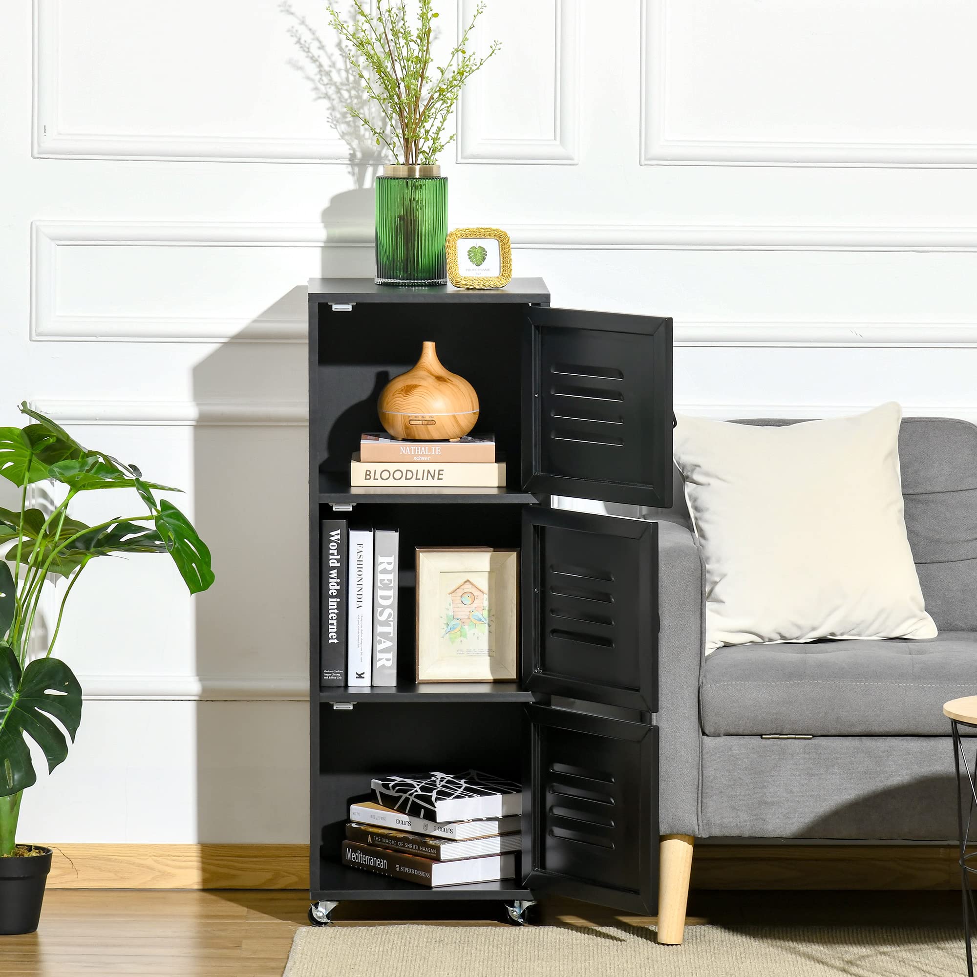 HOMCOM Armoire de Rangement à roulettes à 3 Niveaux avec roulettes et Portes en métal pour Bureau à Domicile, Salon, Noir