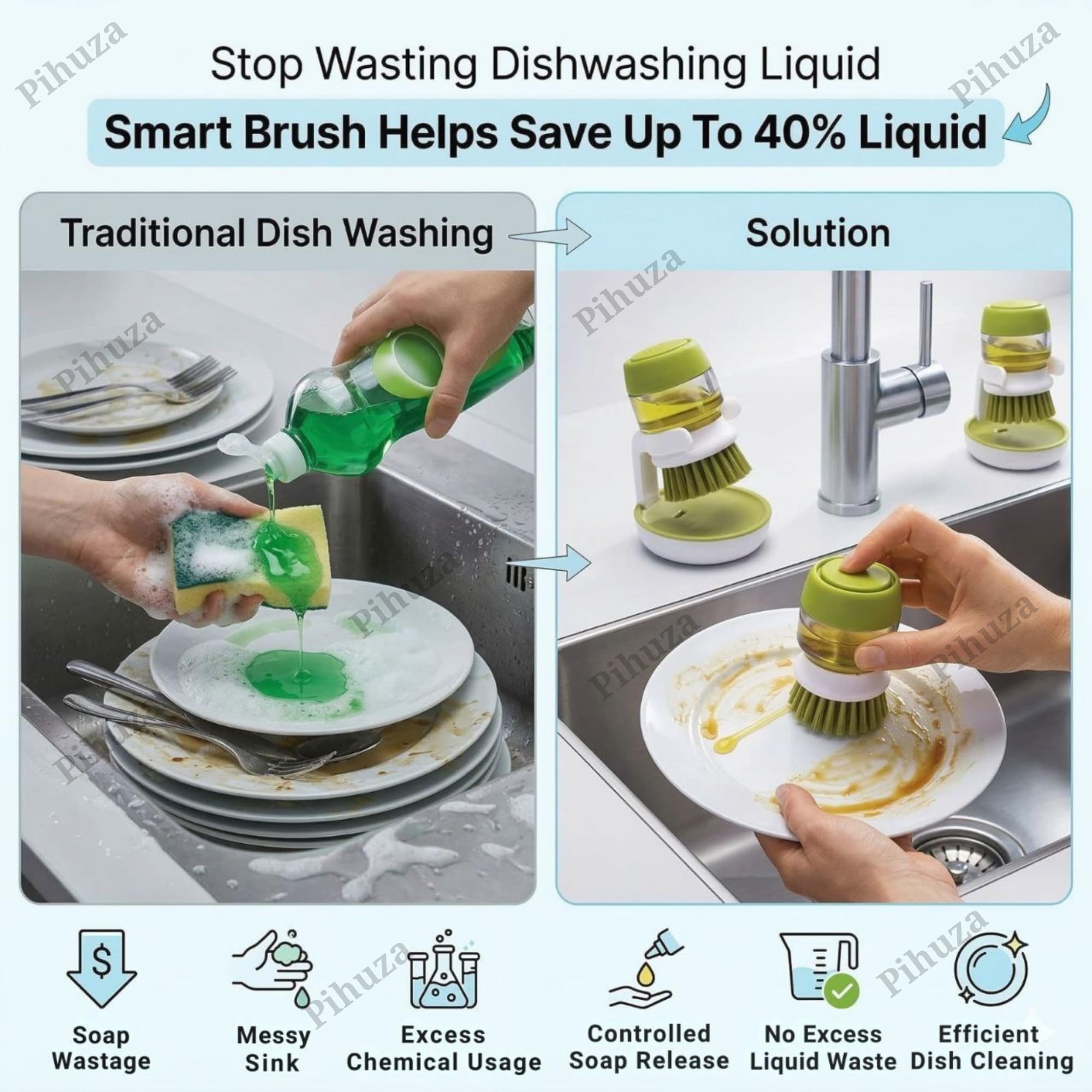 Pihuza Cleaning Brush with Soap Dispenser | Kitchen Sink Dishwashing Brush with Storage Stand | Durable Plastic Dish Wash Brush | Pots & Pans Utensil Cleaning Brush (Multi Colour)