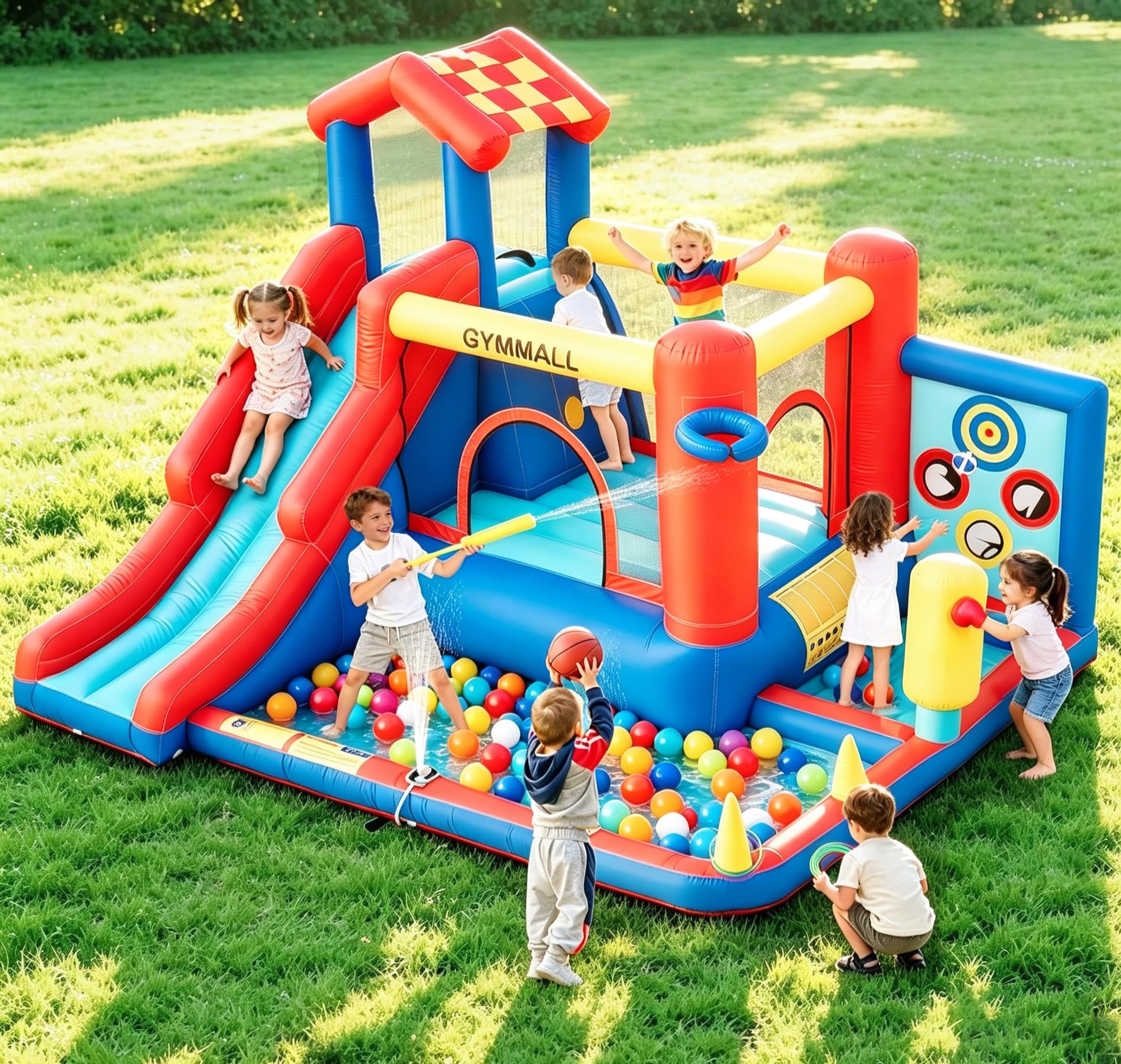 Château Gonflable pour Enfants – Équipement de Jeu Multifonction 8 en 1 avec Toboggan, Mur d’Escalade, Trampoline et Ventilateur 370W, conçu pour Intérieur et Extérieur