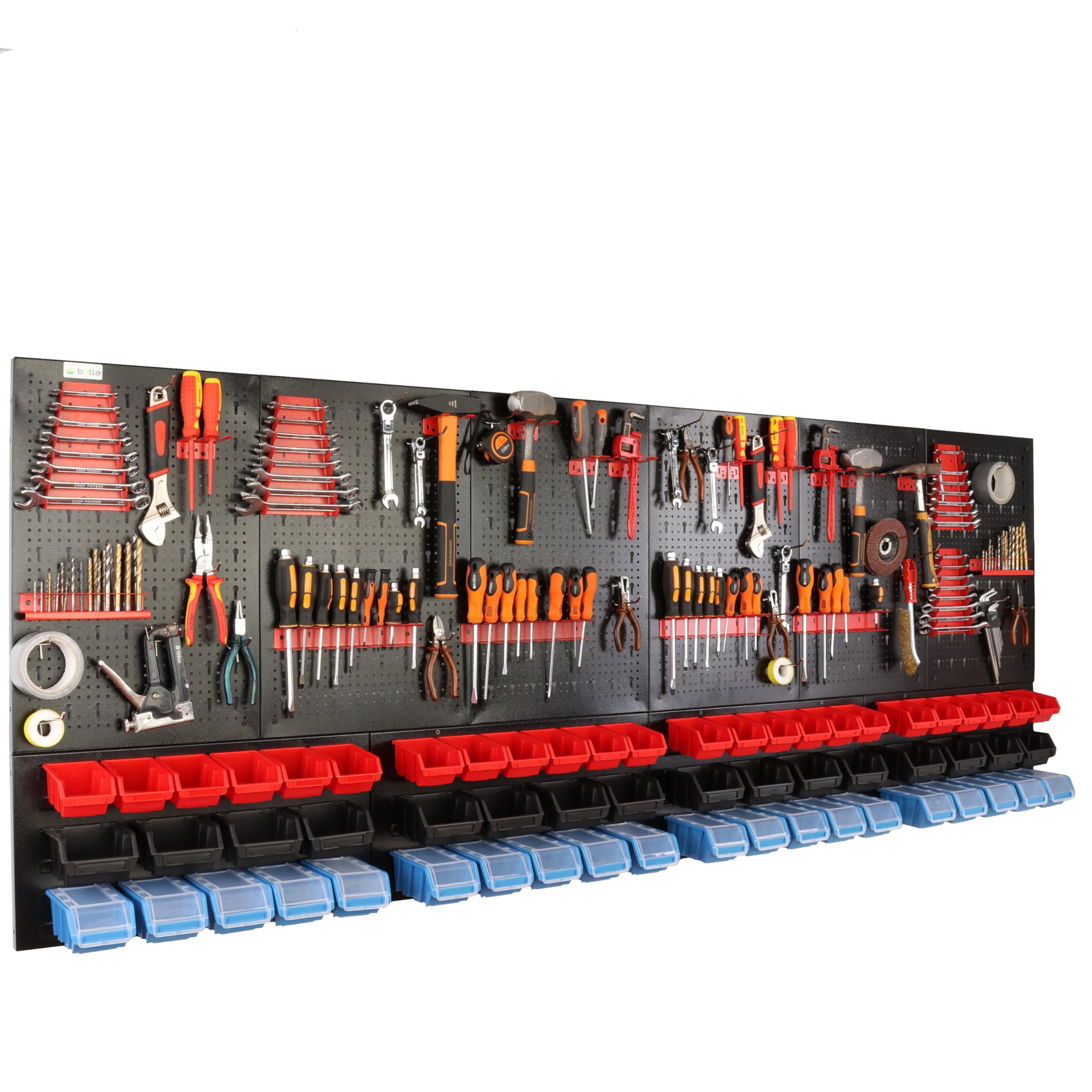 botle Juego de 114 piezas de pared perforada para herramientas de metal, cajas apilables + estante de pared + soporte para herramientas, 114 piezas, almacén de piezas pequeñas, taller de pared con 60