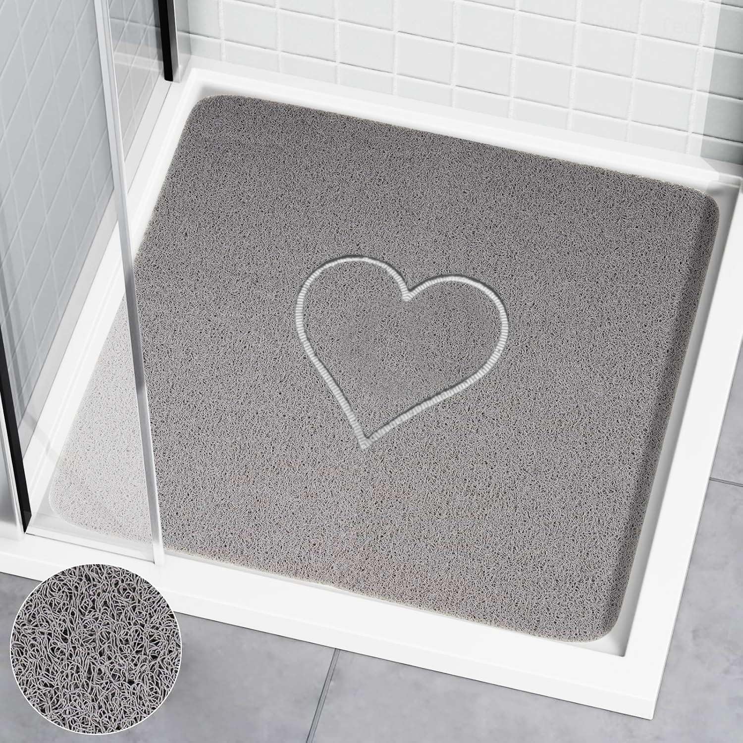 Nicoman Square Bath Mat Non Slip Anti Mould, 60 cm Love Bath Mats for Inside Shower, Sector Bath Mats with Drain, Toilet Bathroom Floor, PVC Bathtub Mat for Couple