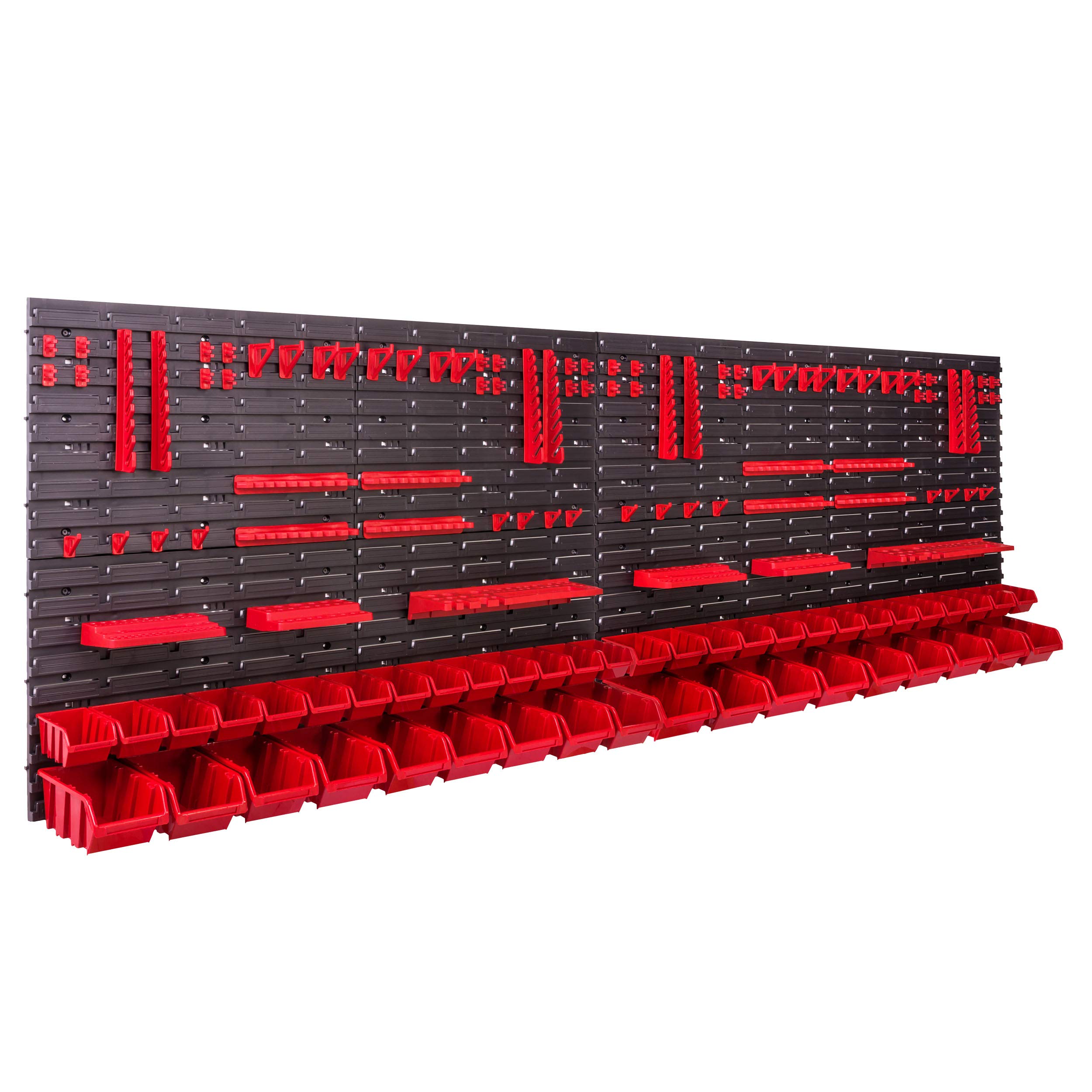 System przechowywania, regał ścienny 230 x 78 cm, uchwyty narzędziowe, 46 szt. Pudełka do układania w stos, regał warsztatowy, magazynowy, bardzo mocne płyty ścienne, możliwość rozbudowy