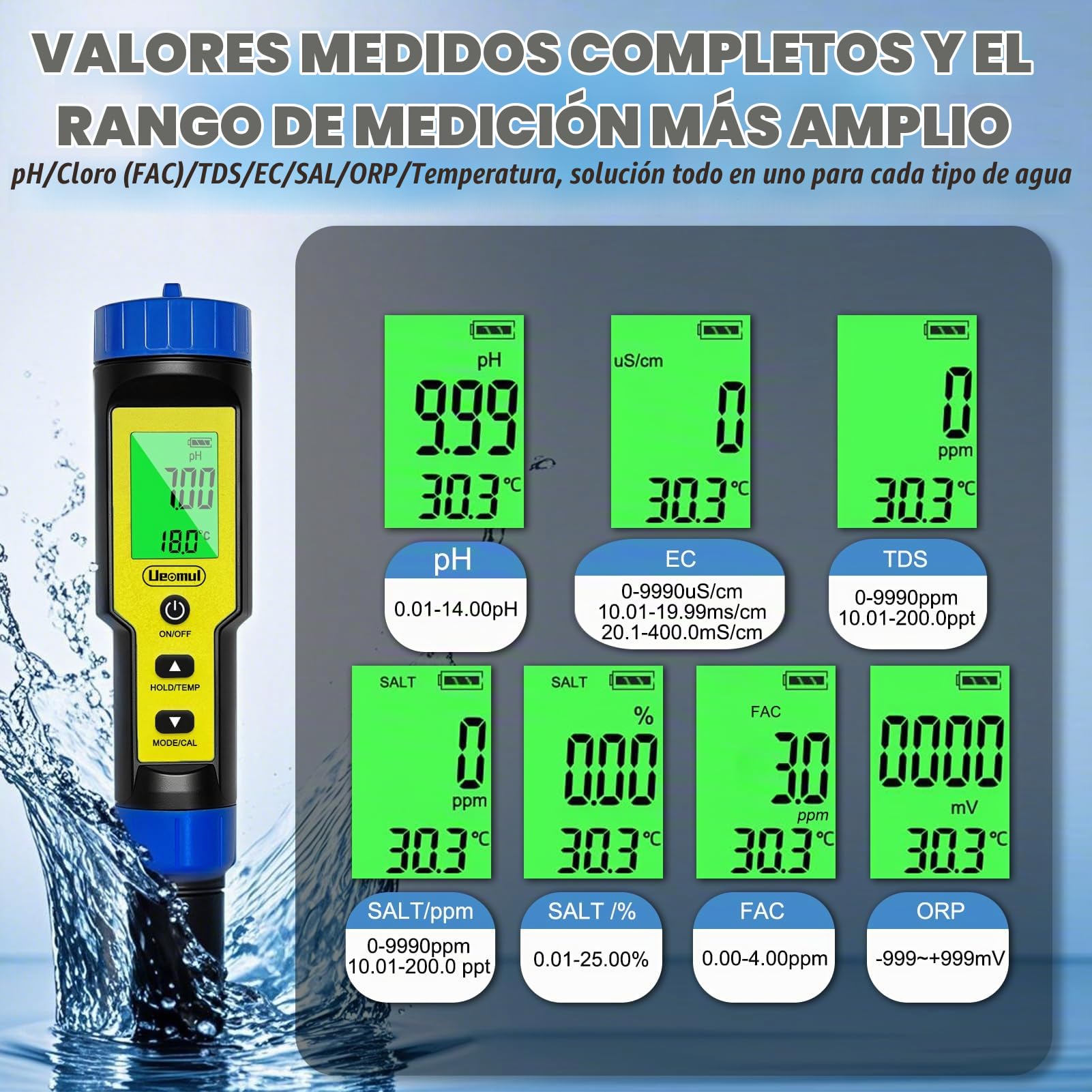 Medidor Cloro y pH Piscinas 7 EN 1, Tester pH Cloro(FAC) TDS EC SALT ORP y Temperatura con ATC, Analizador Agua 0,01 pH Alta Precisión para agua potable, acuarios, hidroponía, piscina y spa