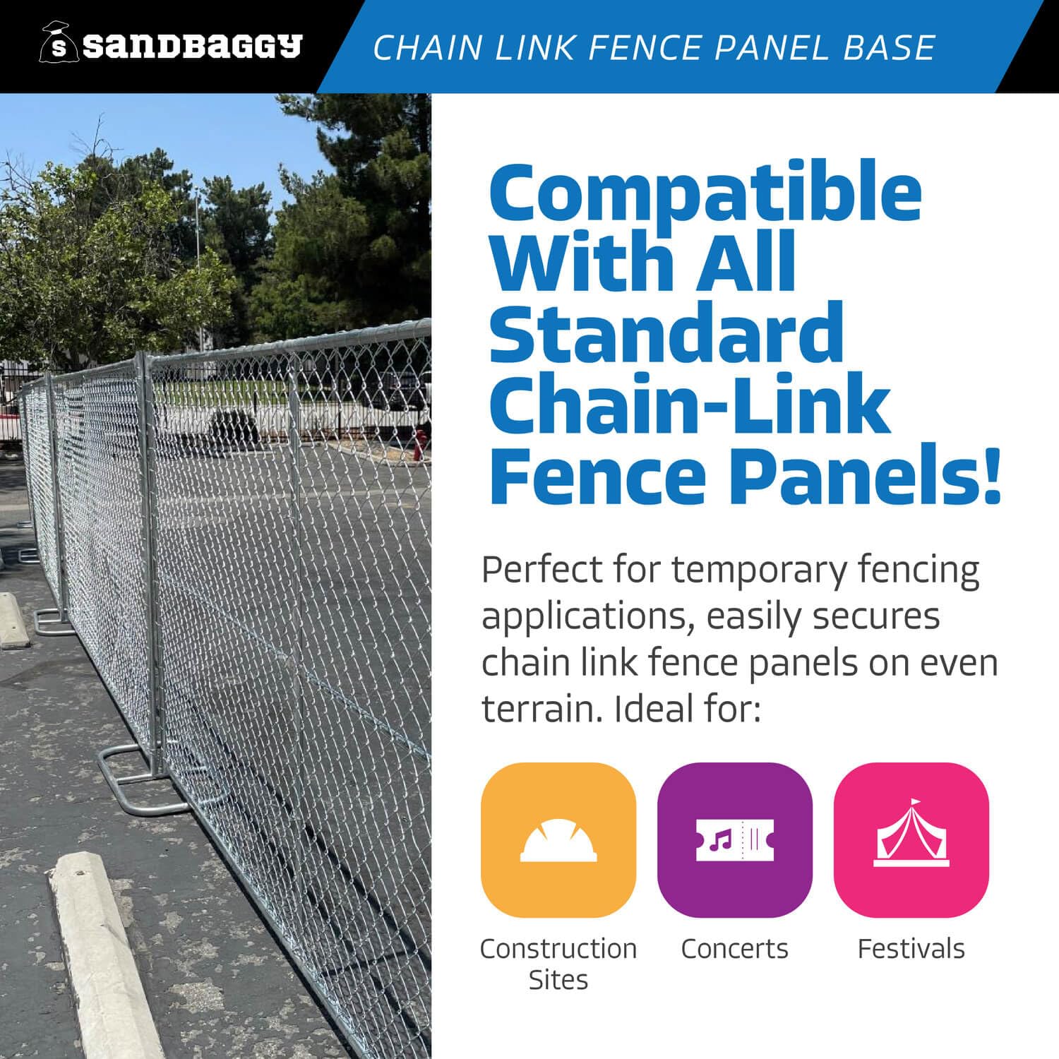 Amazon.com: Sandbaggy Chain Link Fence Panel Base (Galvanized) - Metal  Temporary Fence Stands - Compatible with All Standard Chain-Link Fence  Panels (5) : Patio, Lawn & Garden