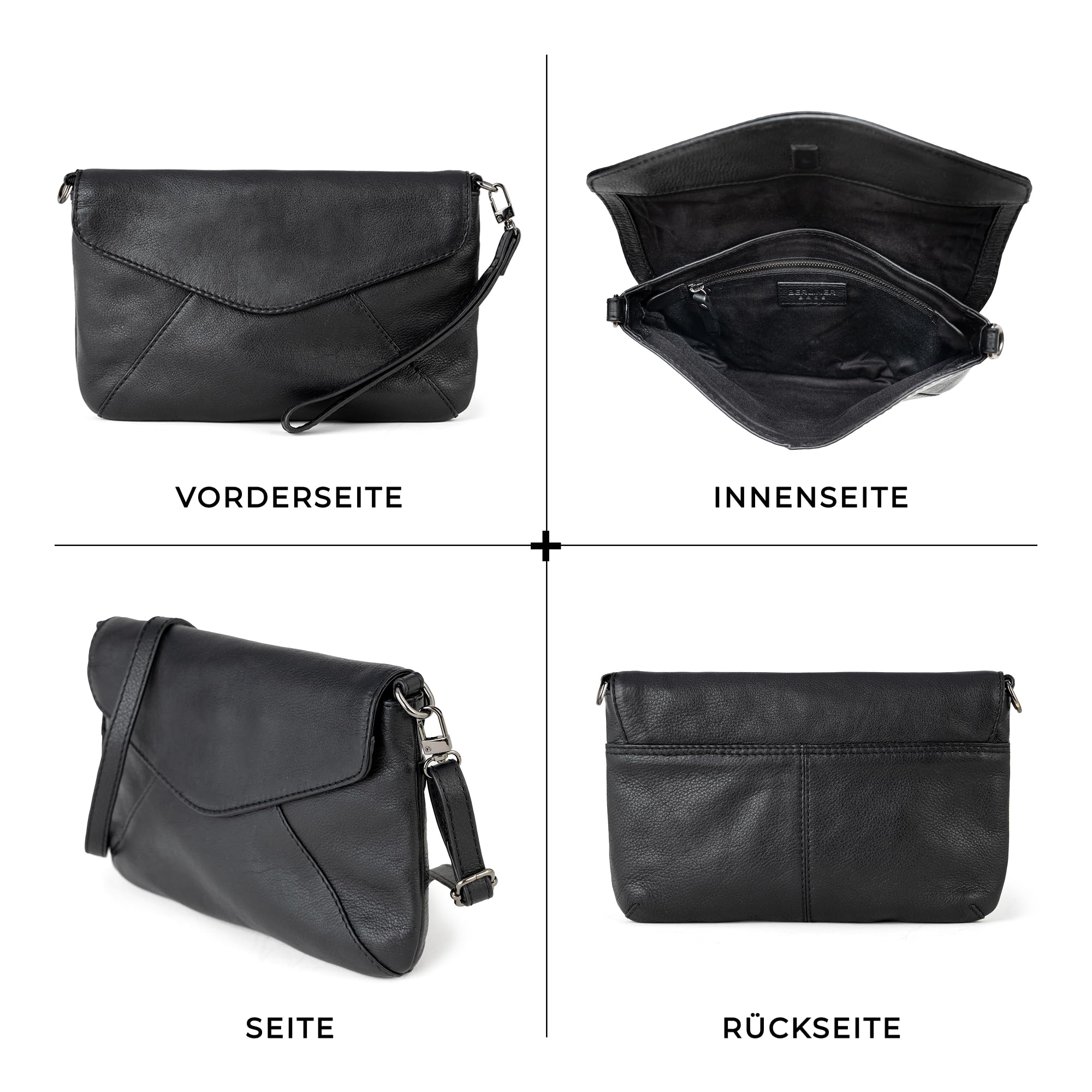 Berliner Bags Premium Leder Clutch Eva, Crossbody-Tasche, Umhängetasche & Handtasche für Damen mit Magnetverschluss – Schwarz