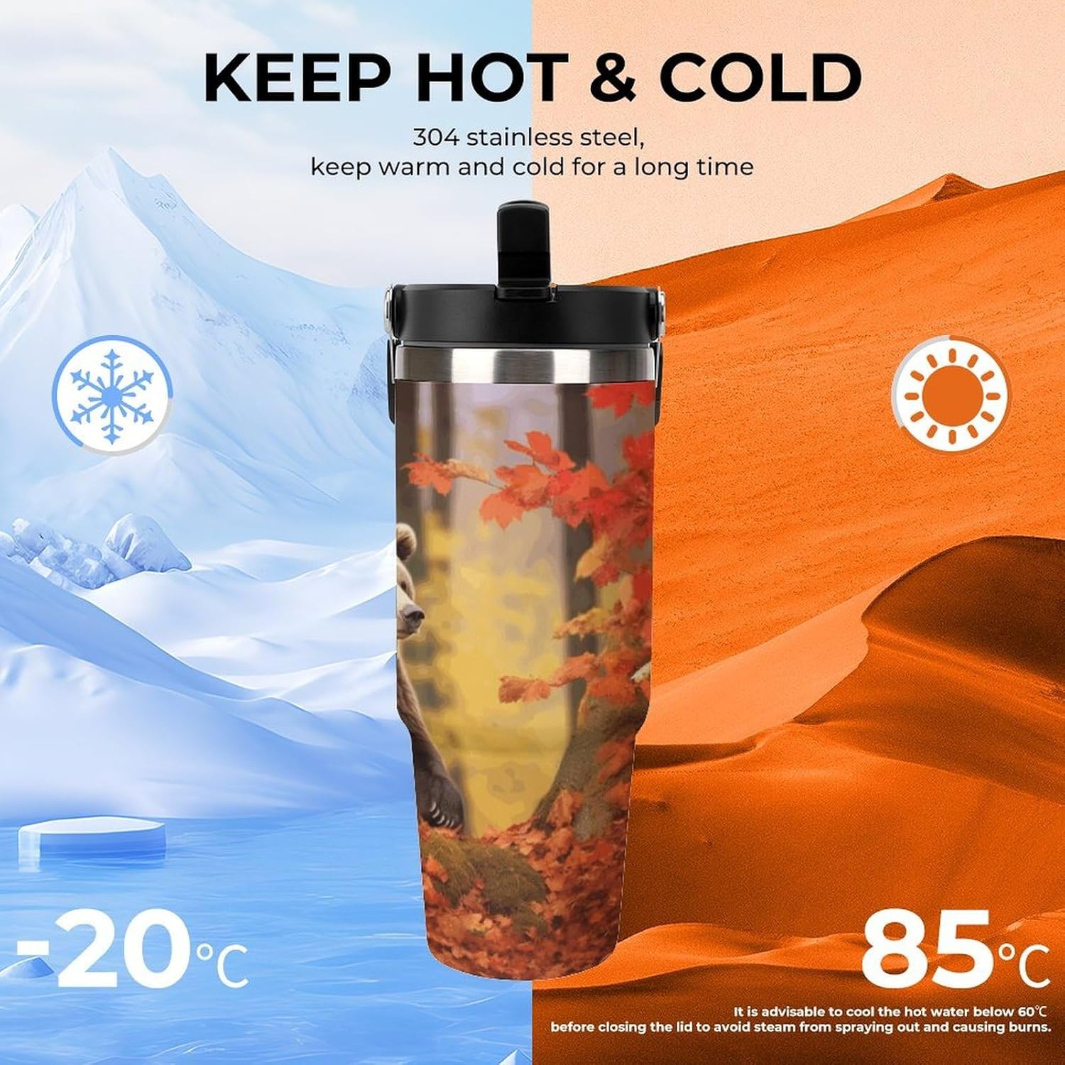 Brown Bear in Autumn Water Bottle 30 Oz Fits Car Cup Holder,Insulated Coffee Mug Large Capacity Car Cups,Stainless Steel Double Wall Sport Bottle for Travel Sports Gym