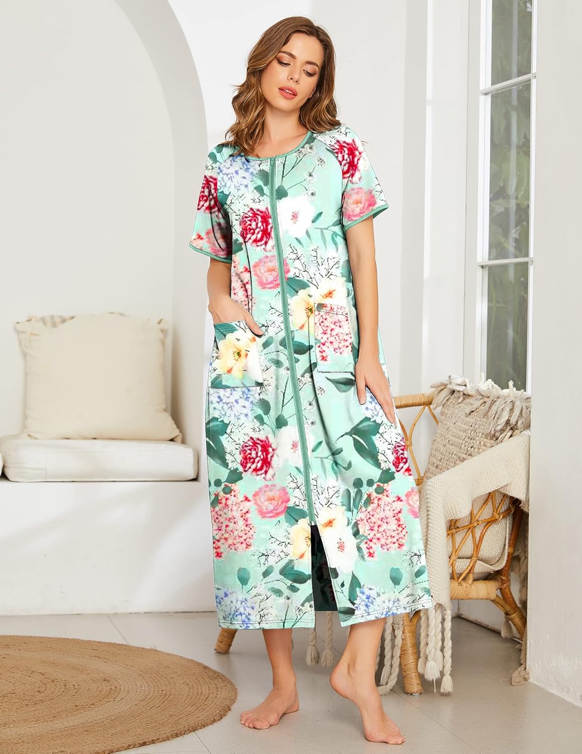 Ekouaer Women Robes Zipper Front Short Sleeve Full Length Housecoat with Pockets Loungewear S-4XL - Image 2