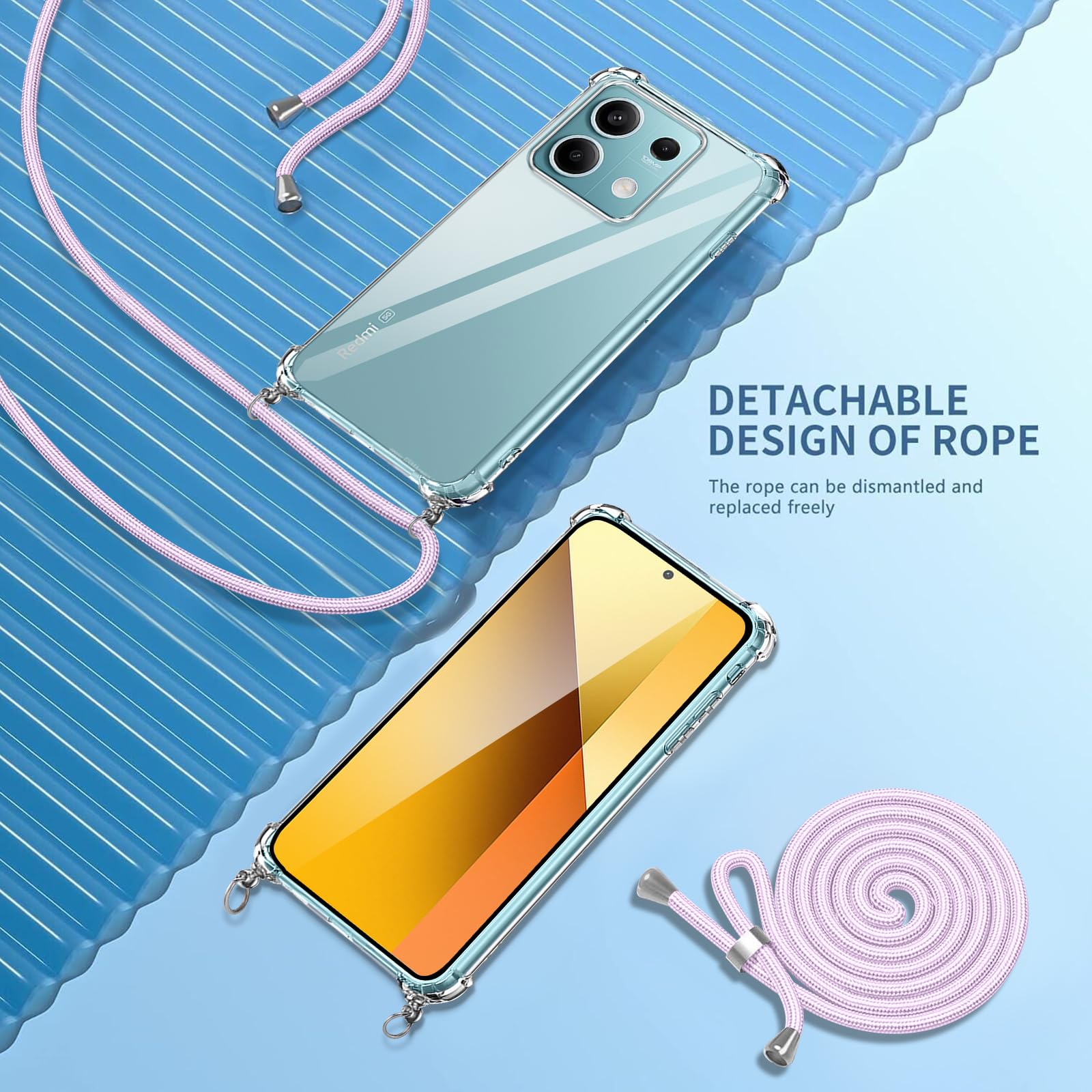 Cover con Cordino per Xiaomi Redmi Note 13 Pro 5G/Poco X6 5G, Custodia a Tracolla Trasparente Morbido Silicone Necklace Regolabile Staccabile Shock Absorption Antiscivolo Protettiva Case in Nero