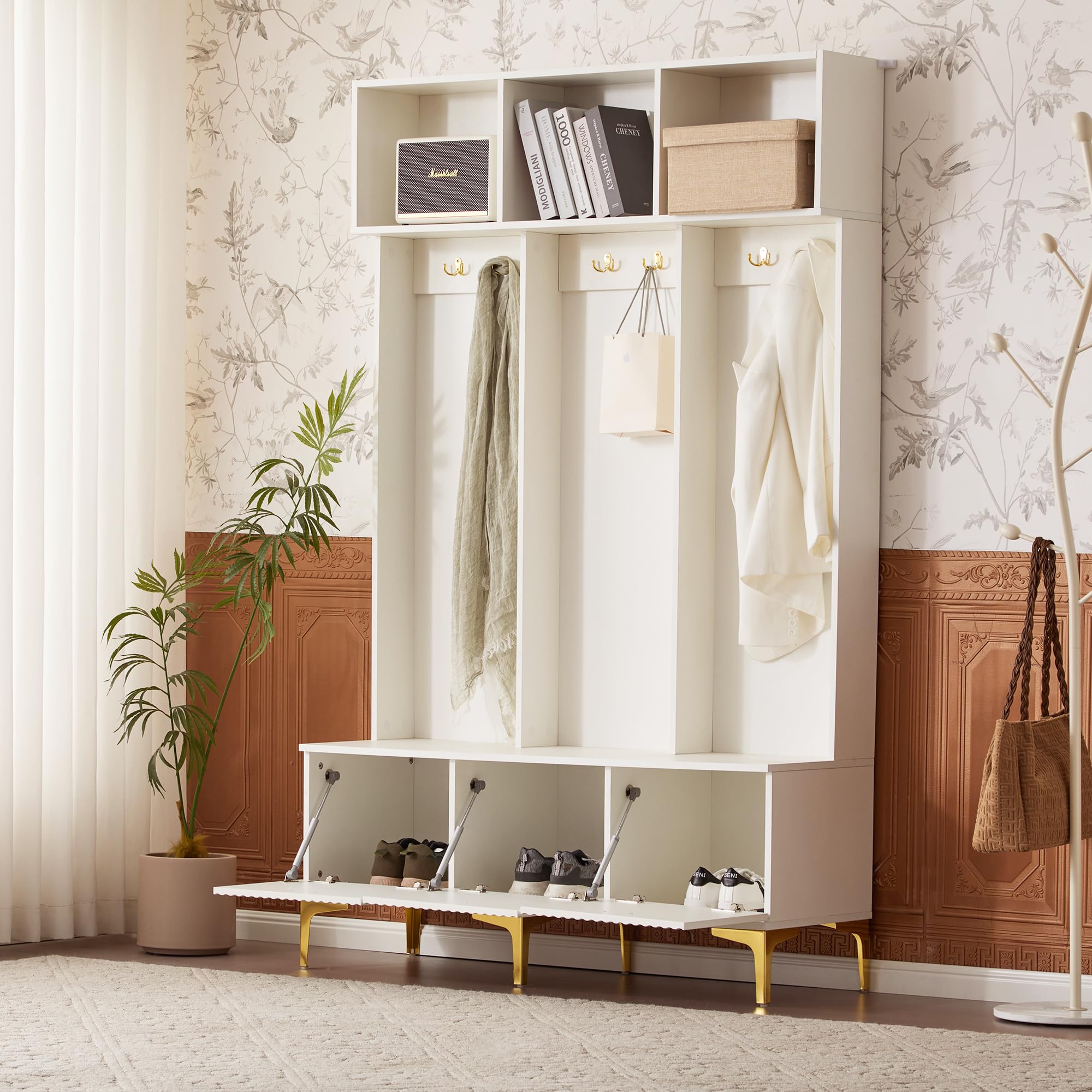SUKY Set appendiabiti con panchina, bianco, 120 x 23,5 x 191,5 cm, multifunzionale, portaoggetti aperto, 6 ganci e piedi dorati, adatto per corridoio, soggiorno