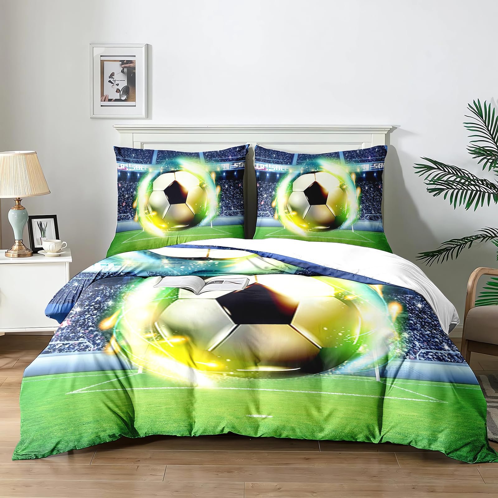 Yzehomijia Football Kids Duvet Cover Sets 220x240cm + 2 Pillowcases 65x65cm, Machine Washable Microfibre, Zip Fastening