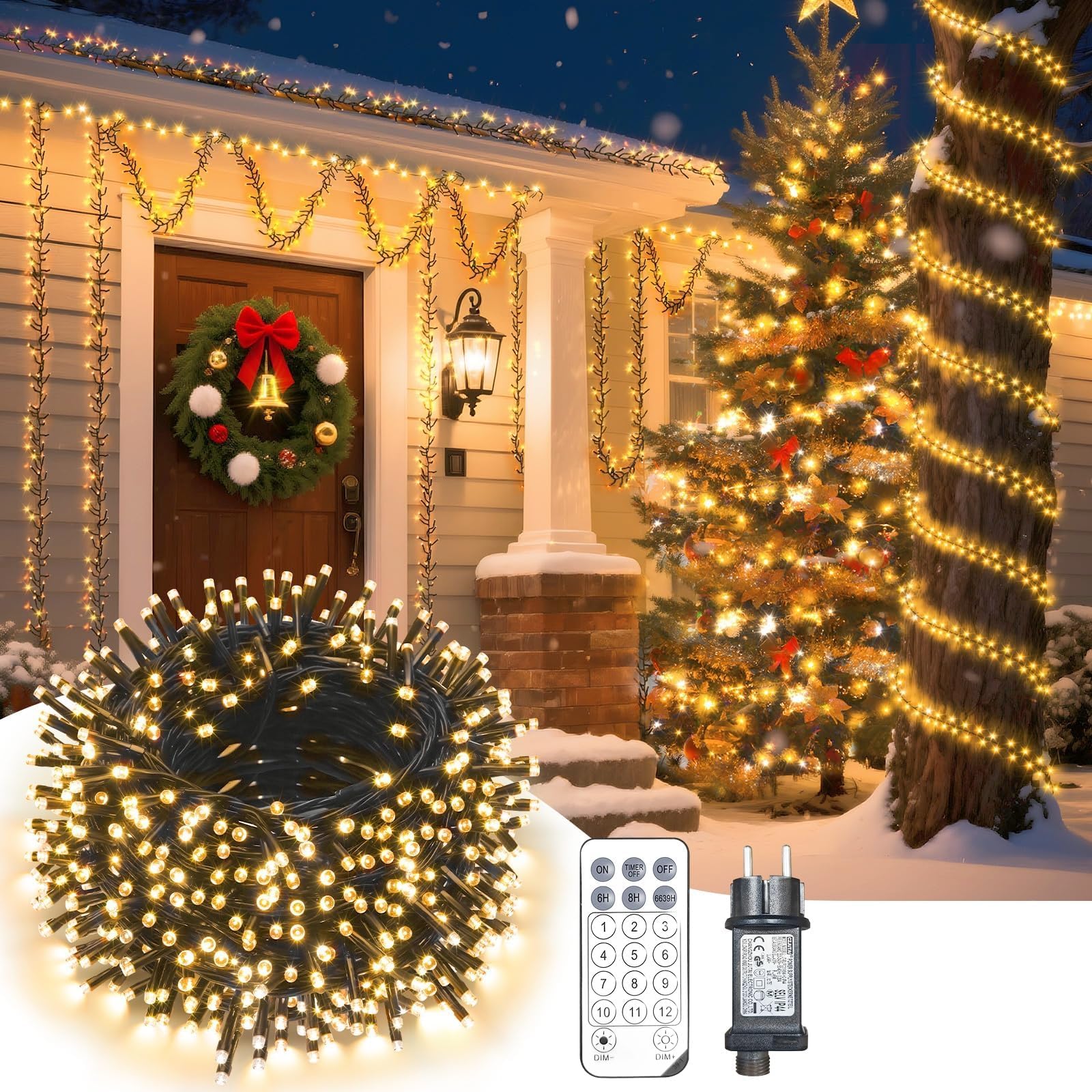 LED Lichterkette Weihnachtsbaum,18M 1200 LEDs Warmweiß Lichterketten Außen mit 12 Modi & Timer für Garten, Weihnachtsbeleuchtung mit Fernbedienung für Garten, Weihnachtsbaum, Hochzeit