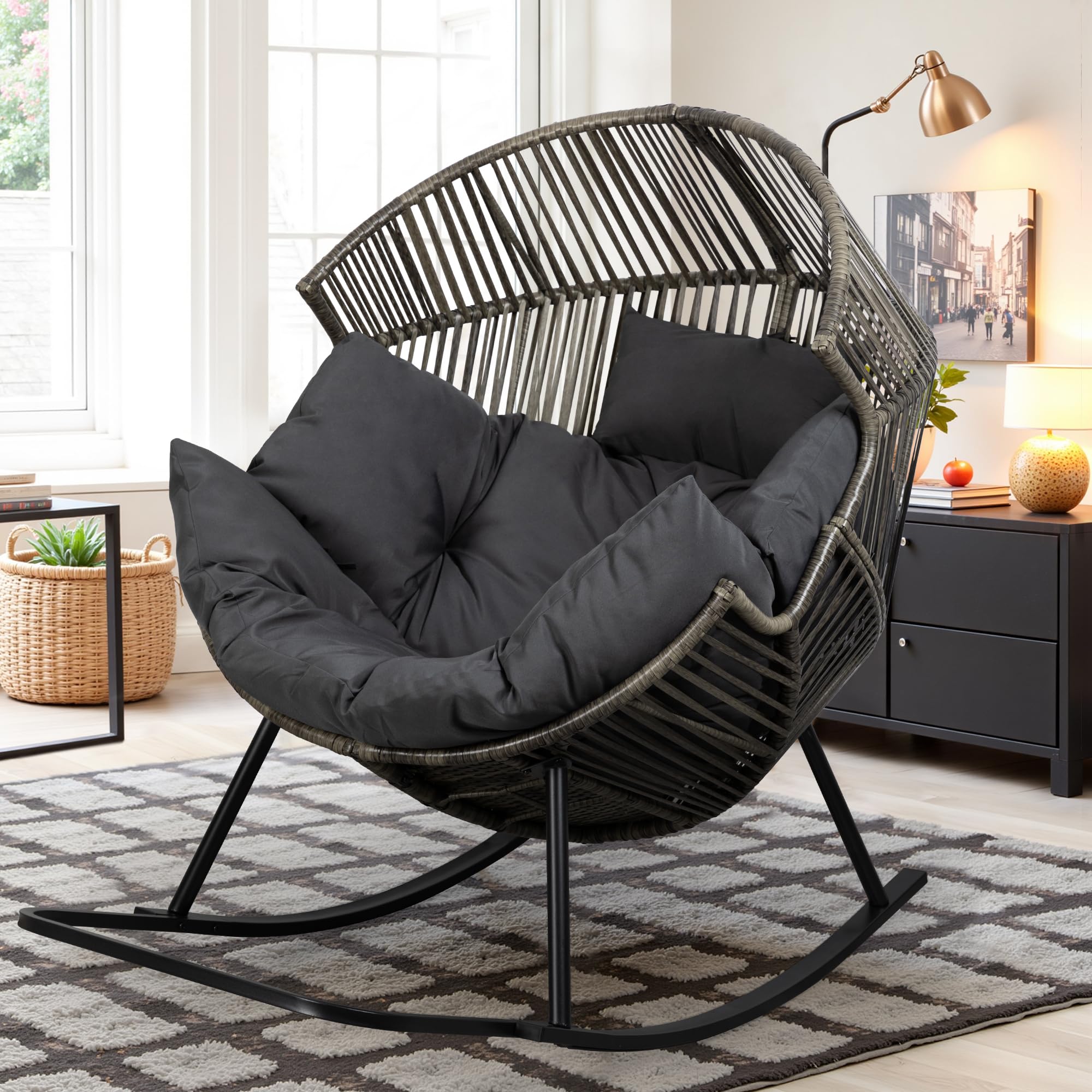 Vongrasig Wicker Rocking Egg Chair PE Rattan with Cushion, Oversized Patio Lounge Rocker Chair for Outdoor, Indoor, Balcony, Backyard, Garden, Black/