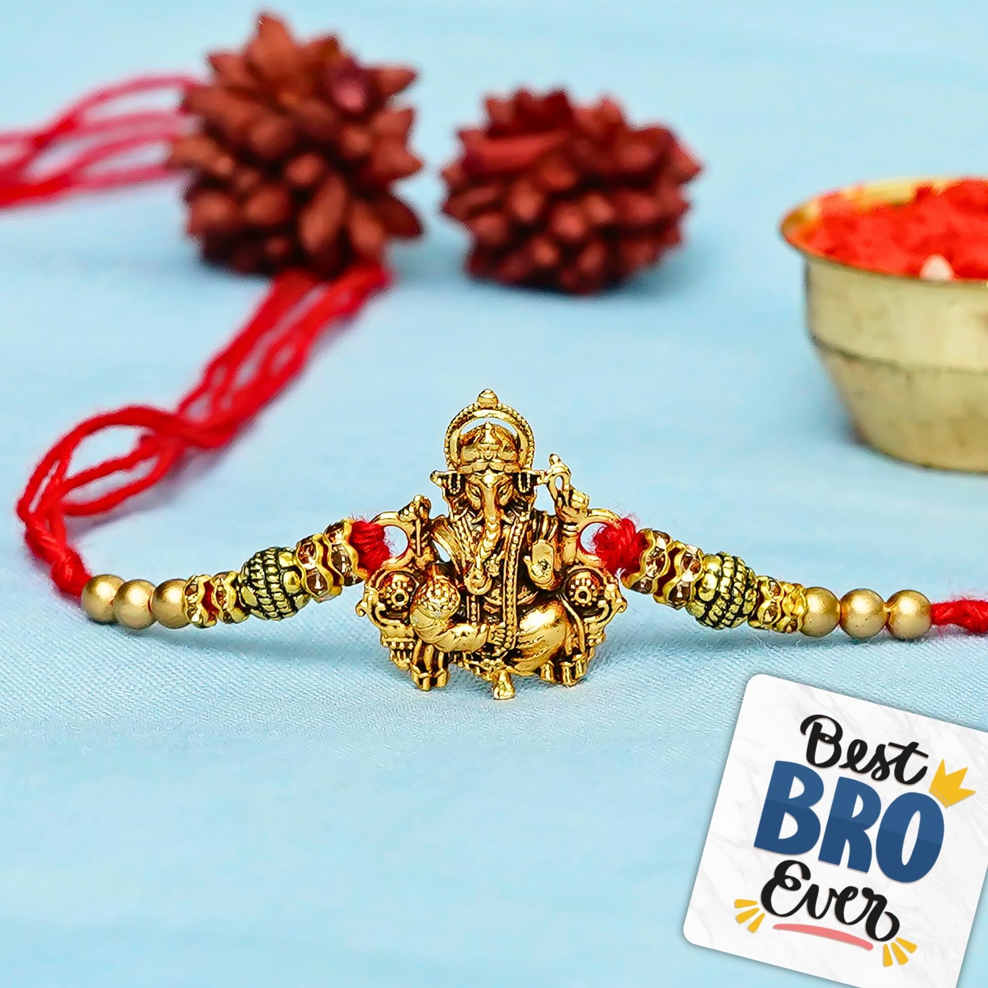 eCraftIndia Golden Religious Designer Ganesha Rakhi with Red Thread and Roli Chawal Pack and Best Bro Ever Fridge Magnet - Rakhi for Brother, Bhaiya, Bhai