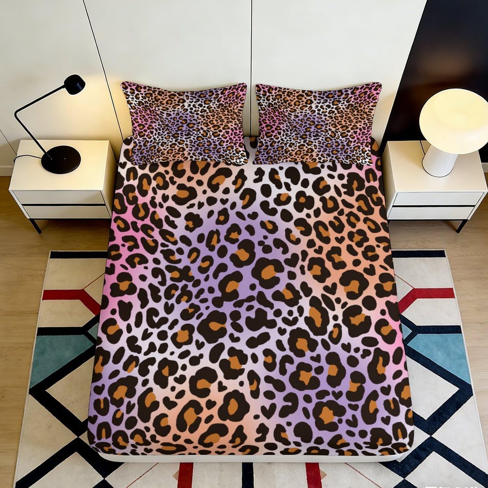 3D Printed Leopard Fitted Sheet Microfiber Deep Pocket Elastic Hem Bedroom Bedding Leopard Mattress Fitted Cover Washable 200x200x25cm