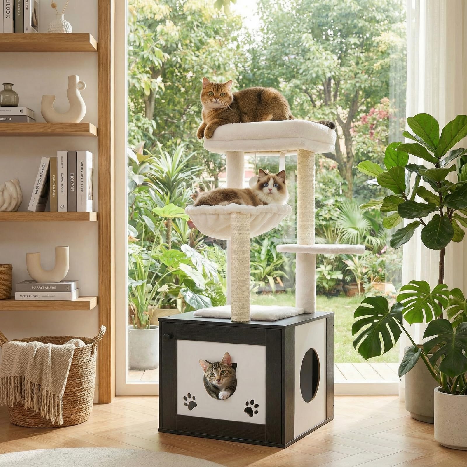 MAMIZO Tiragraffi con armadietto per gatti, 2 in 1, nido rimovibile per gatti in peluche, altezza 119 cm, lavabile, cuscini in peluche, mobili per gatti, tiragraffi in legno, tronchi in sisal, amaca