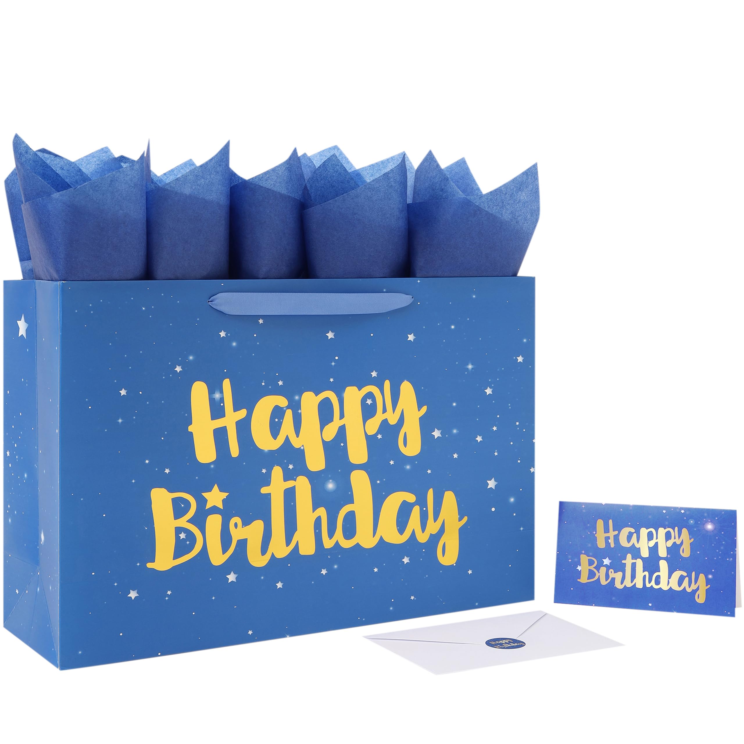 Qirrmiy 16.5” Extra Large Blue Happy Birthday Gift Bag Set with Handles, Greeting Card, Tissue Papers and Stickers for Men Boys Kids, Husband, Father, Stars Design, 1 Pcs