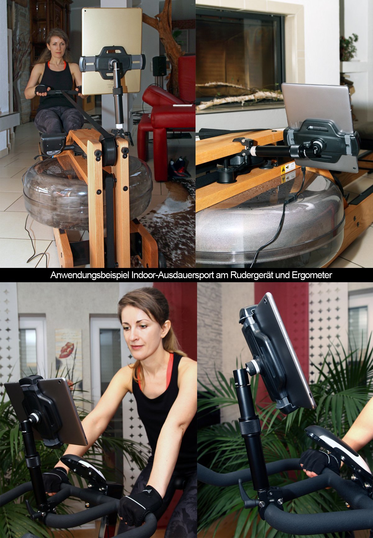 Tablet-Halterung Pro V5, höhenverstellbar, für iPad Pro und andere Tablet-PC´s (von 6" bis 14 Zoll) an Rudergerät, Heimtrainer, Ergometer, Rollstuhl etc.