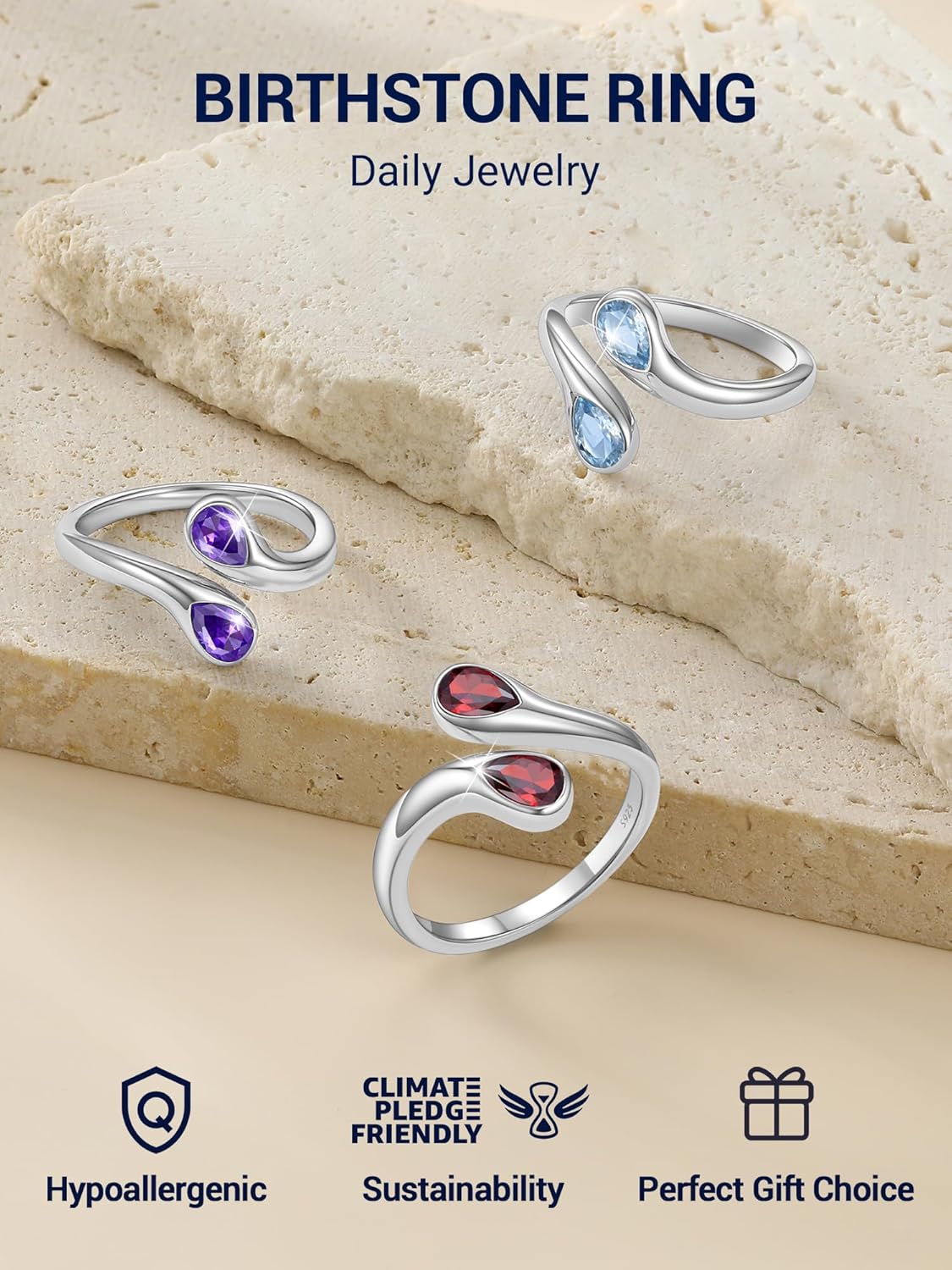 PROSILVER S925 Sterling Silver Rings for Women Dainty Birthstone Statement Ring, Dual Pear-Cut Gemstones, Open Band Rings, Jan - Dec Available - Image 7