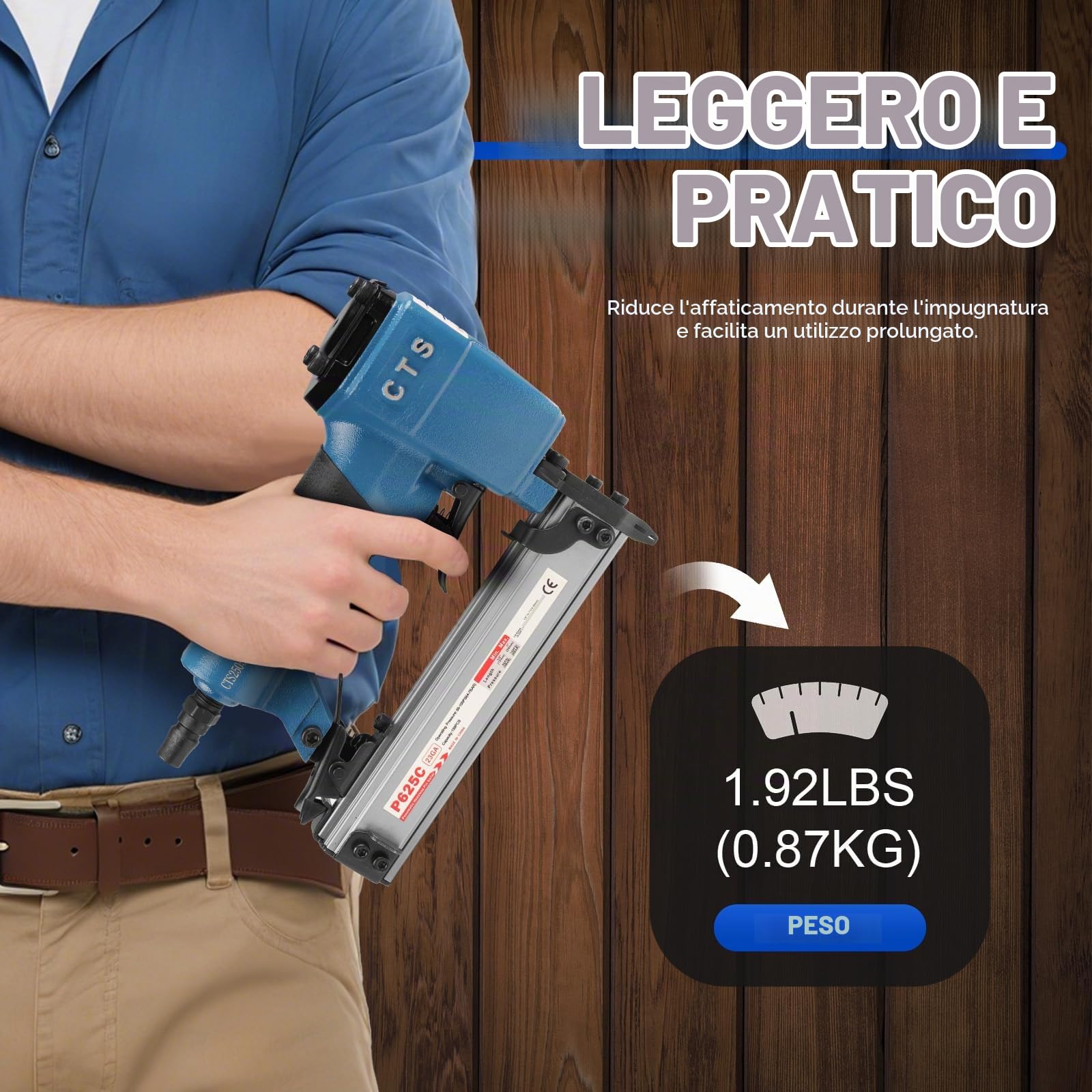 P625C Chiodatrice pneumatica 23GA 12-25mm sicurezza per falegnameria-mobili | Punta snella e precisa. 0,9kg leggera. Caricatore 150 chiodi. Impugnatura gommata. Per armadi, finestre, porte e decorazioni