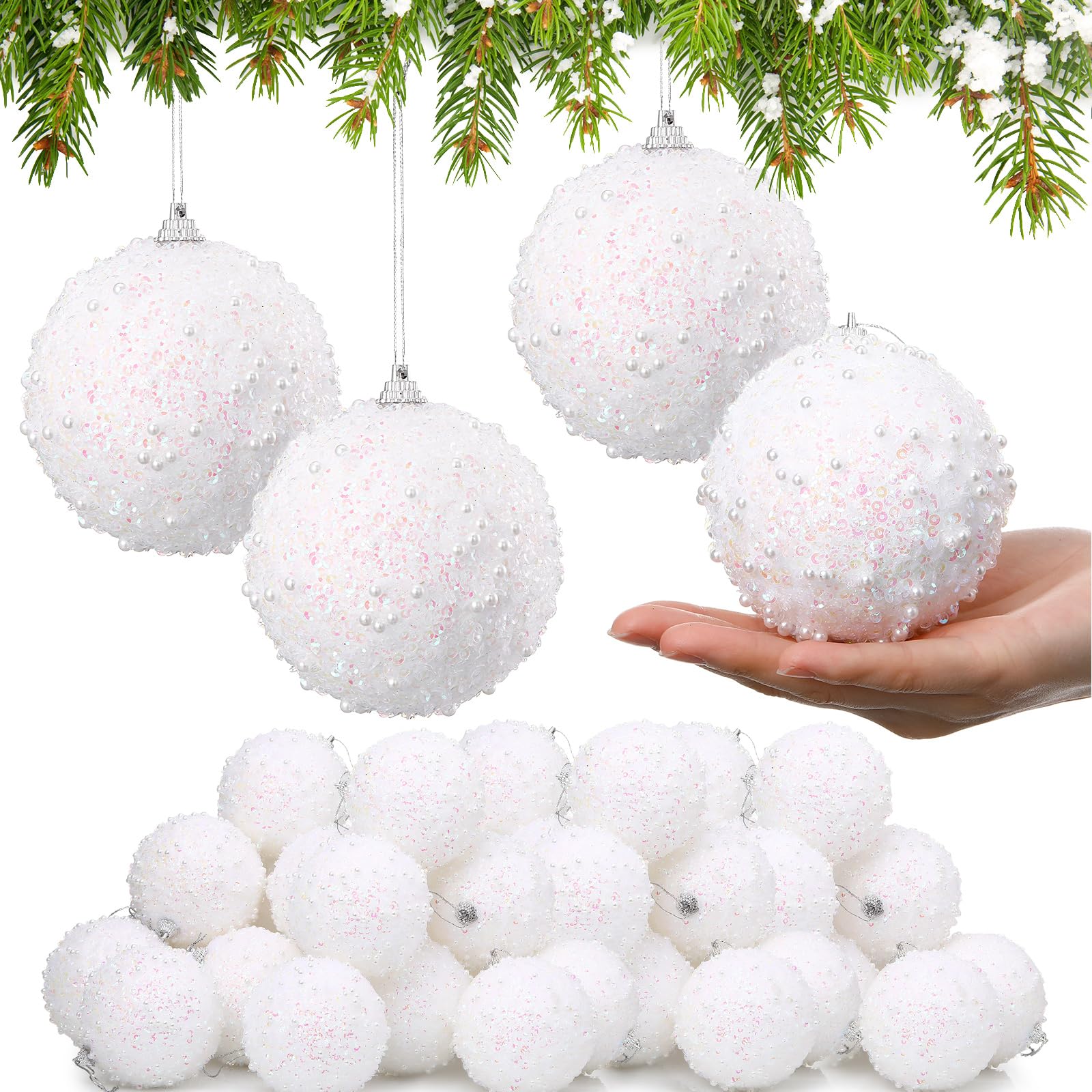 Lyrow 24 Pcs 3.15" Glitter Christmas Ball Ornament Set Christmas Ball Bulk Xmas Sequin Foam Hanging Ornament Decorative Hanging for Tree Party Holiday Decor(Ab White)