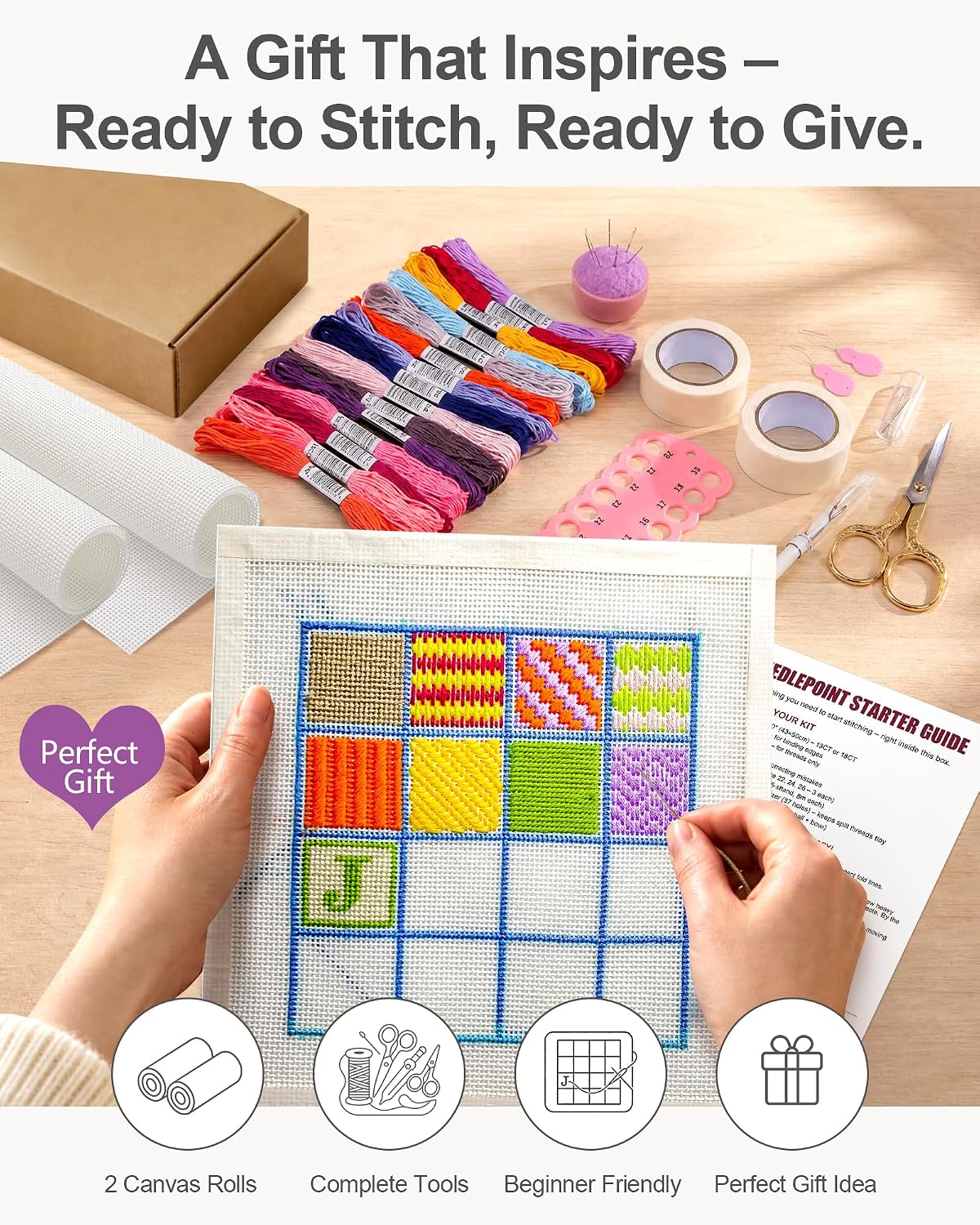 Needlepoint Canvas Kit 18 Mesh 17x20in, 36 Colors, Tools, Beginner Gift