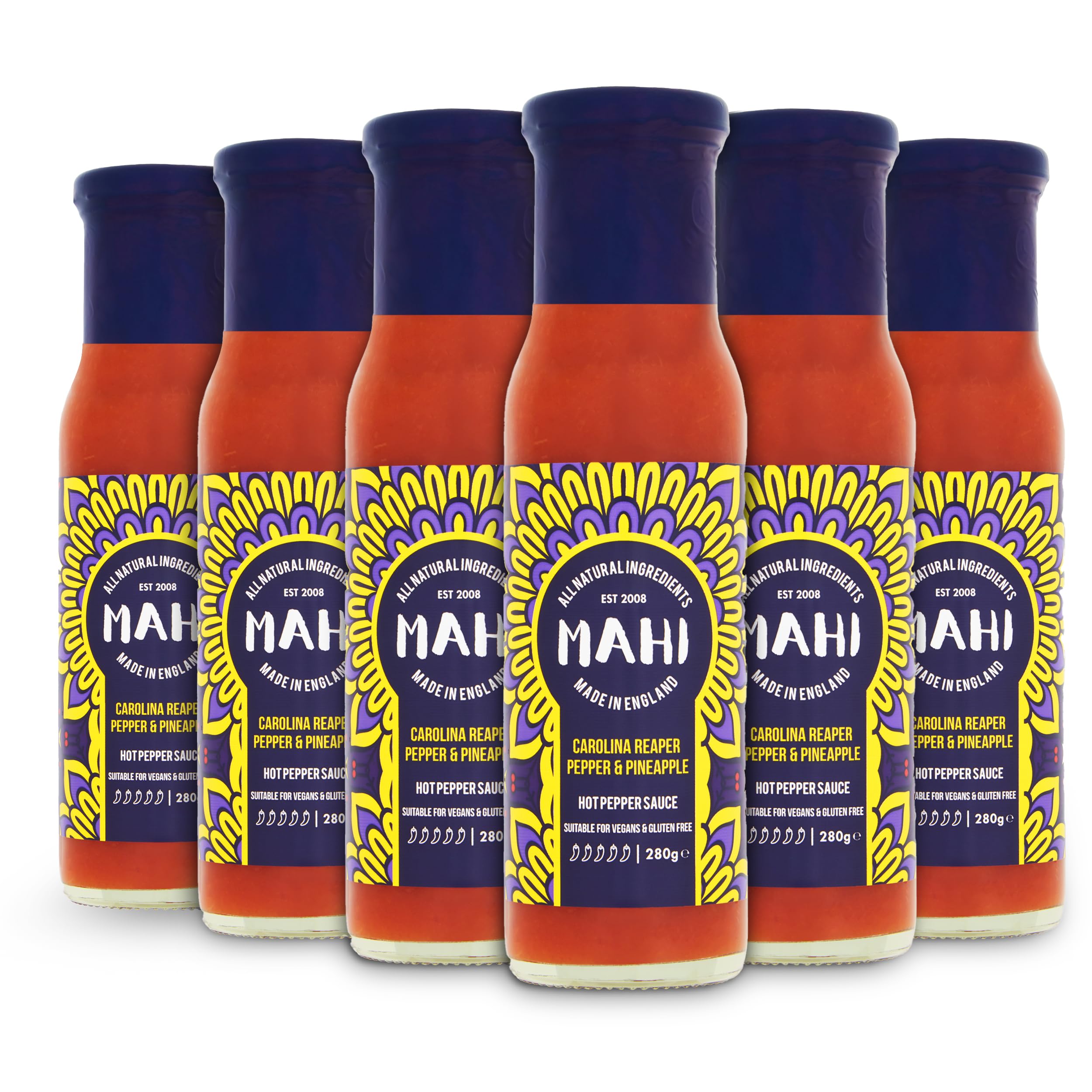 MAHI Hot Chilli Sauce | Vegan & Gluten Free | No Artificial Colours or Flavours (280 g (Pack of 6), Carolina Reaper & Pineapple)