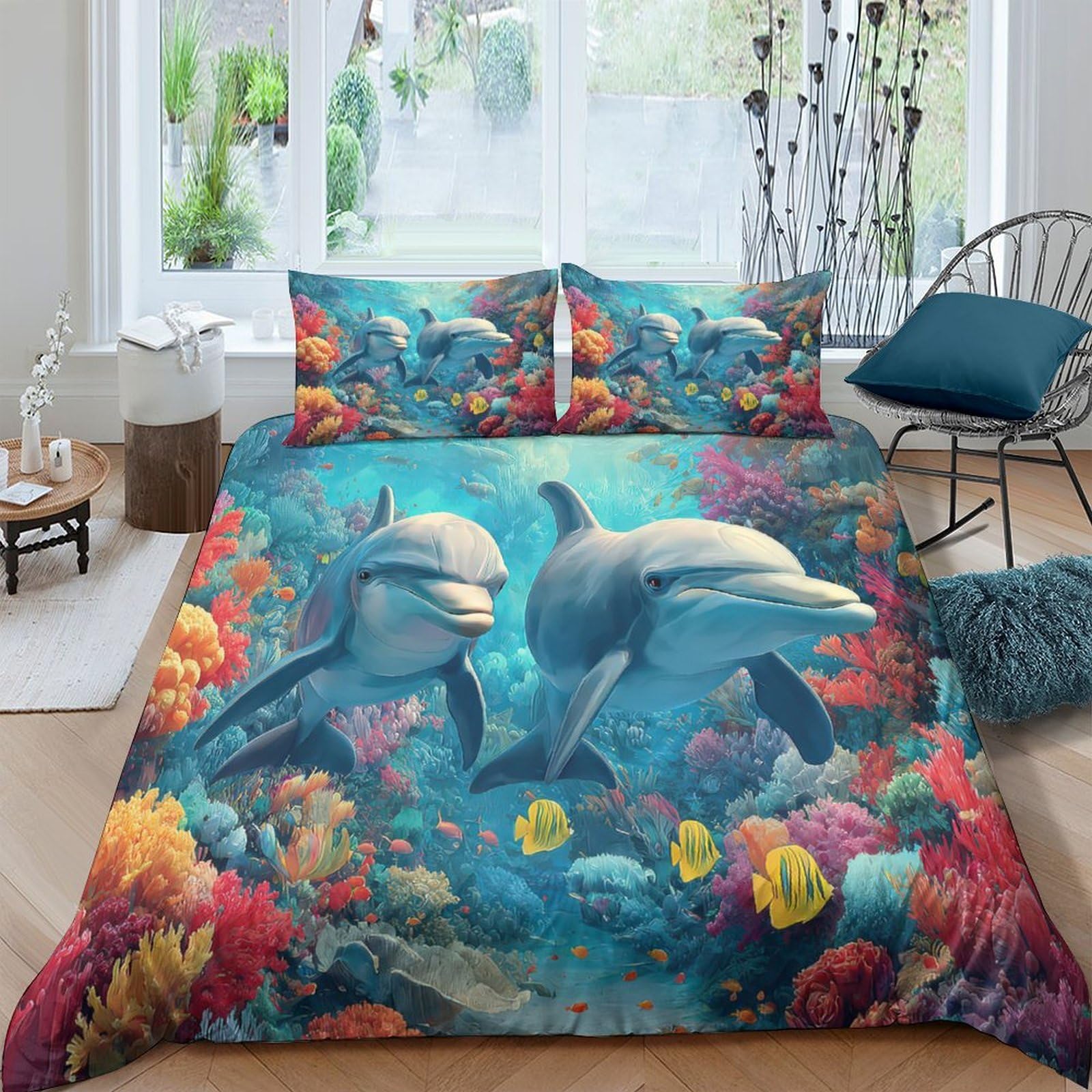 Ctjqhvkz Style-1 3D Printed Dolphin Coral Fitted Sheet Microfiber Soft Bed Sheet Ocean Reef Mattress Cover For Bedroom Guest Room Decor Single（135X200cm）