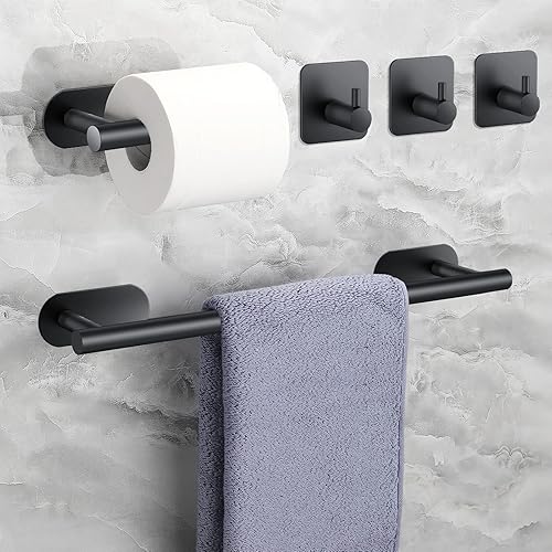 JiGiU Toallero de 16 pulgadas, juego de accesorios de baño autoadhesivos con soporte para papel higiénico y 3 paquetes de ganchos para toallas, kit