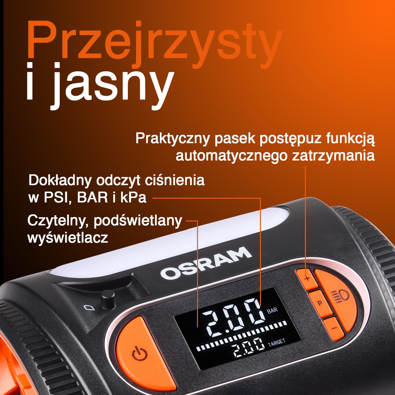 OSRAM TYREinflate 2120, duży wyświetlacz cyfrowy, programowalna funkcja automatycznego zatrzymania, kabel zasilający z bezpiecznikiem 12 V DC, pompowanie opon w 3,5 minuty