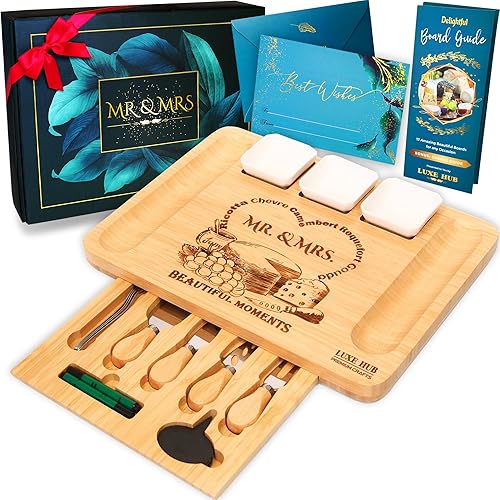 Set de regalo de tablas de embutidos de primera calidad, tabla grande de queso de bambú en embalaje elegante, regalos de aniversario de boda para