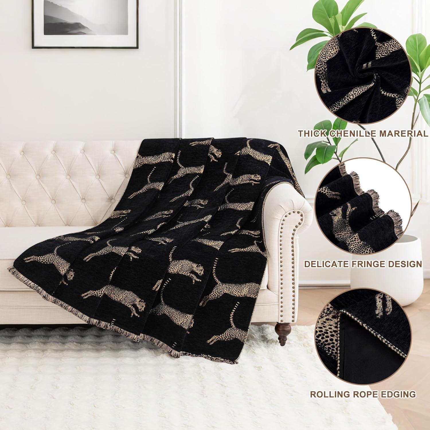 Luxury Leopard Throw Blanket for Couch, Wild Animal Pattern Chenille Jacquard Weighted Blanket with Fringe, Vintage Home Decor Soft Fall Throw Blanket for Bed Sofa(52”x72”, Black)