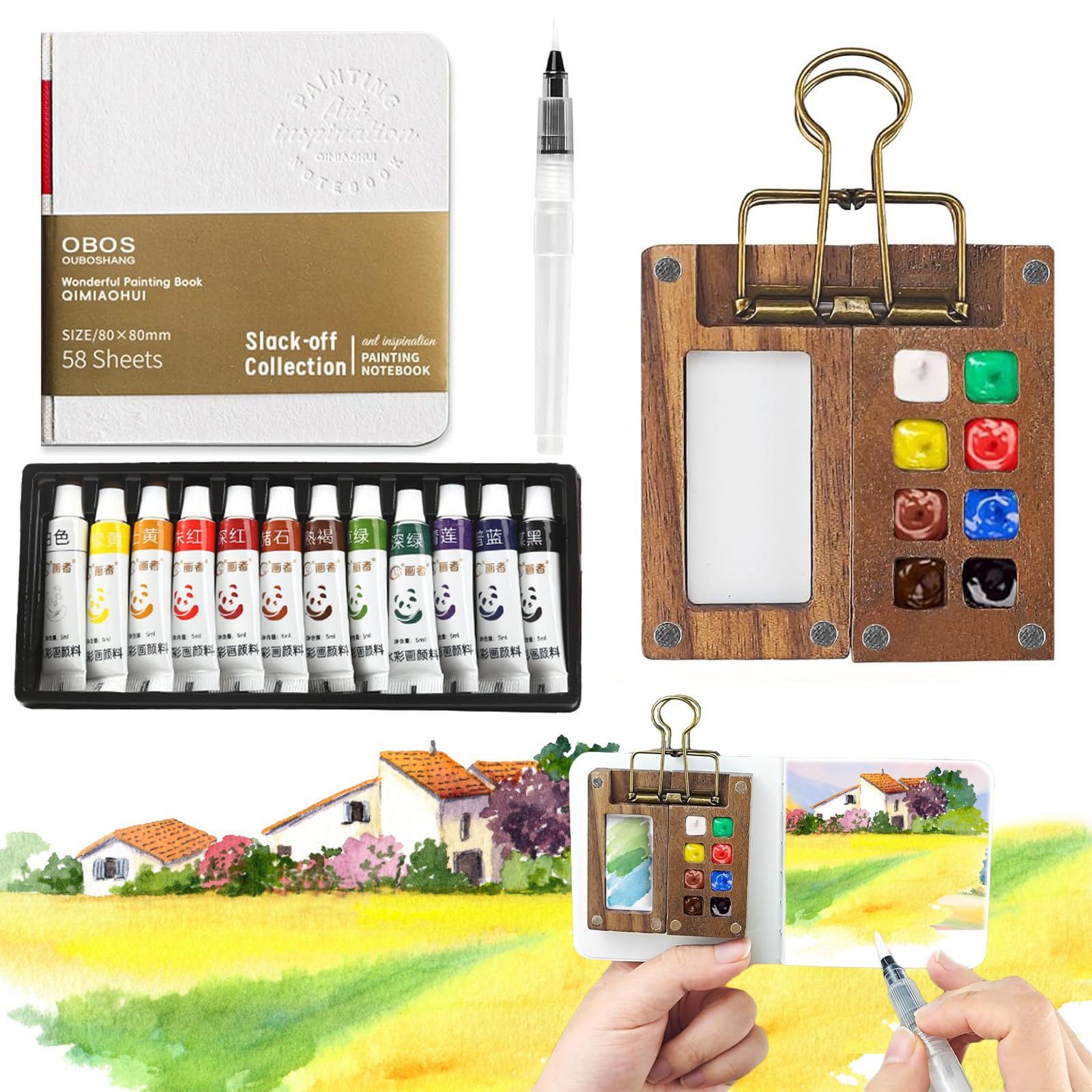 4 Pcs Mini Watercolour Paint Set Travel, Lid Foldable Portable Palette, 8 Grids Wooden Travel Watercolour Set, Gift for Artists (Pocket Sketchbook, Palette With Metal Clip, Watercolor Pen, Paints)