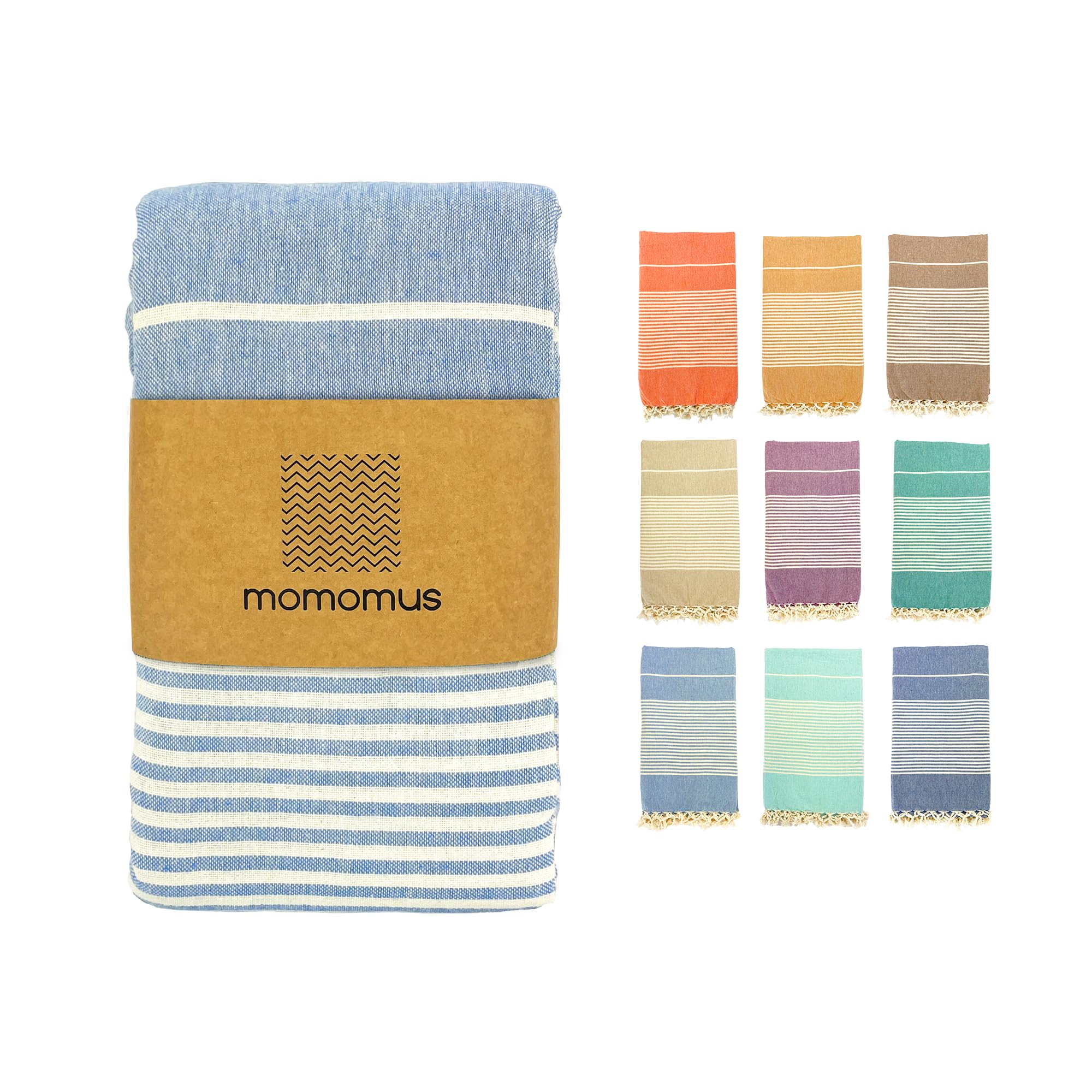 MOMOMUS Fouta Playa XXL, con Flecos y 100% Algodón – Ideal como Toalla de Playa Grande Antiarena, Manta de Picnic sin Arena, Pareo Gigante o Alfombra de Piscina – Celeste, 200x220 cm