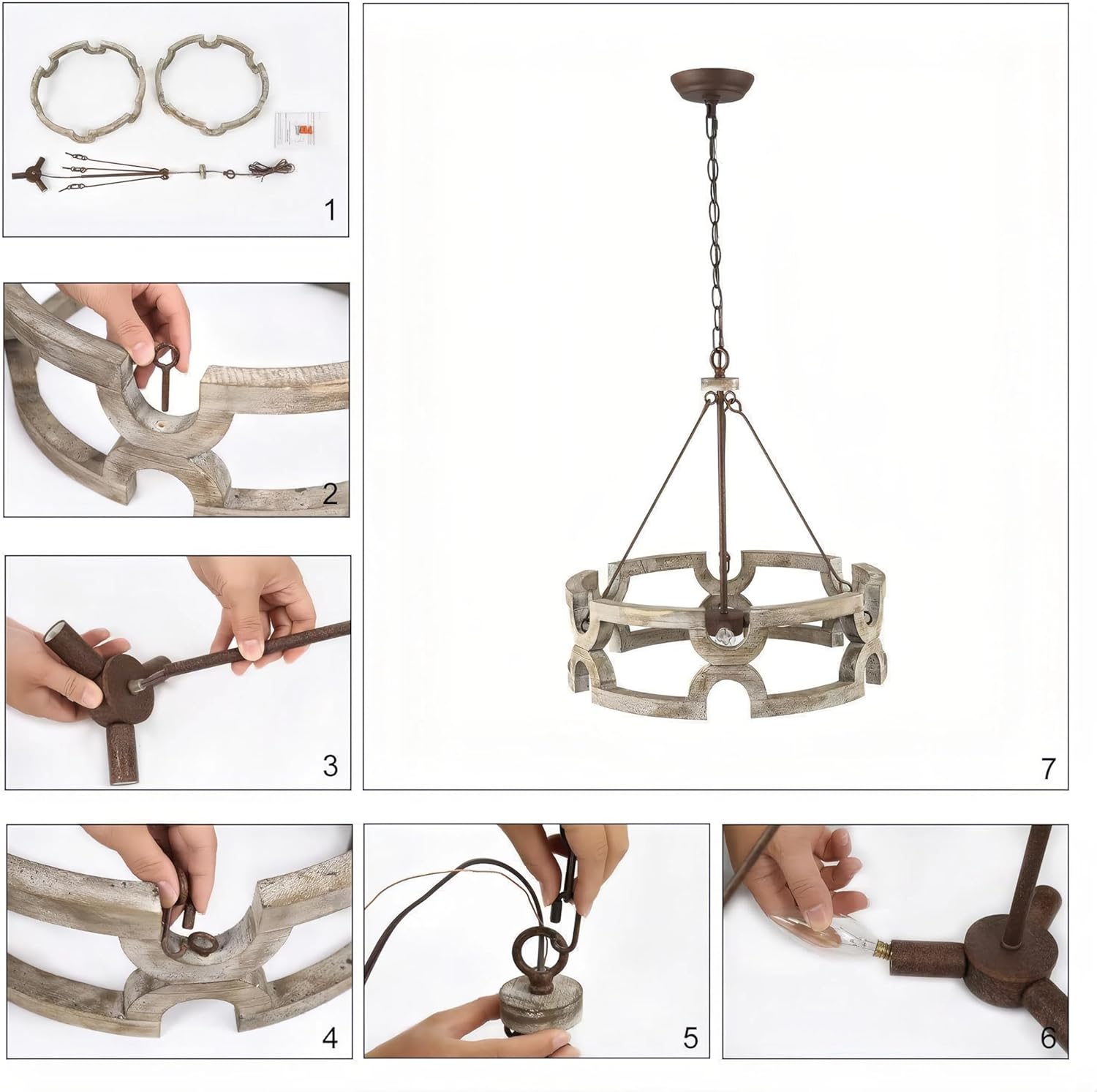 LOG BARN Farmhouse Chandelier, 3-Light Wood Drum Pendant Lights Kitchen Island, 19.5'' Rustic Chandeliers Hanging Light Fixtures for Dining Room Bedrooms Living Room Entryway Foyer