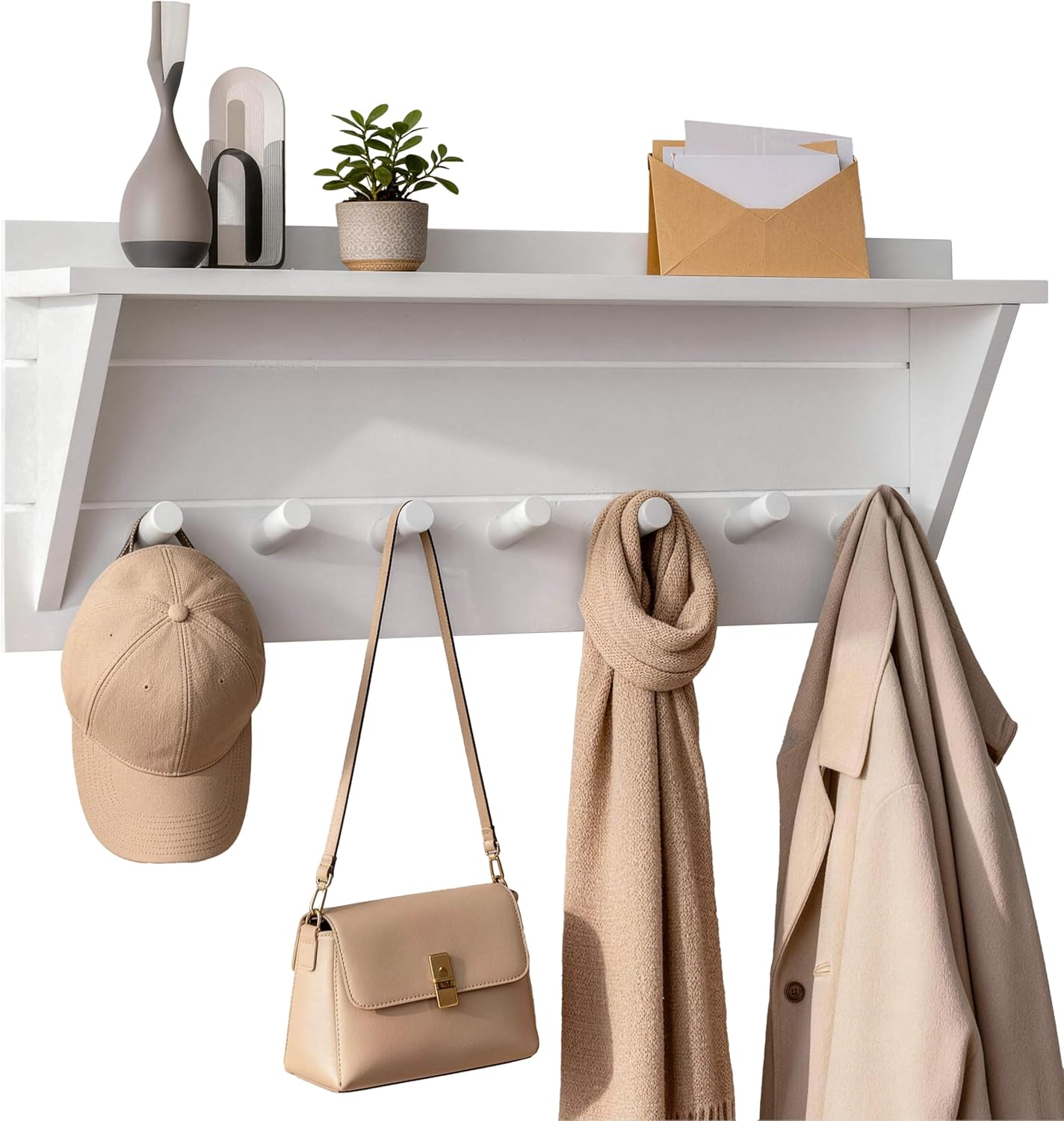 WEBI Coat Rack Wall Mount with Shelf,30" Long Entryway Wall Shelf with Hooks Underneath,7 Peg Hooks for Hanging Coats,Caps,Jacket,Clothes,White