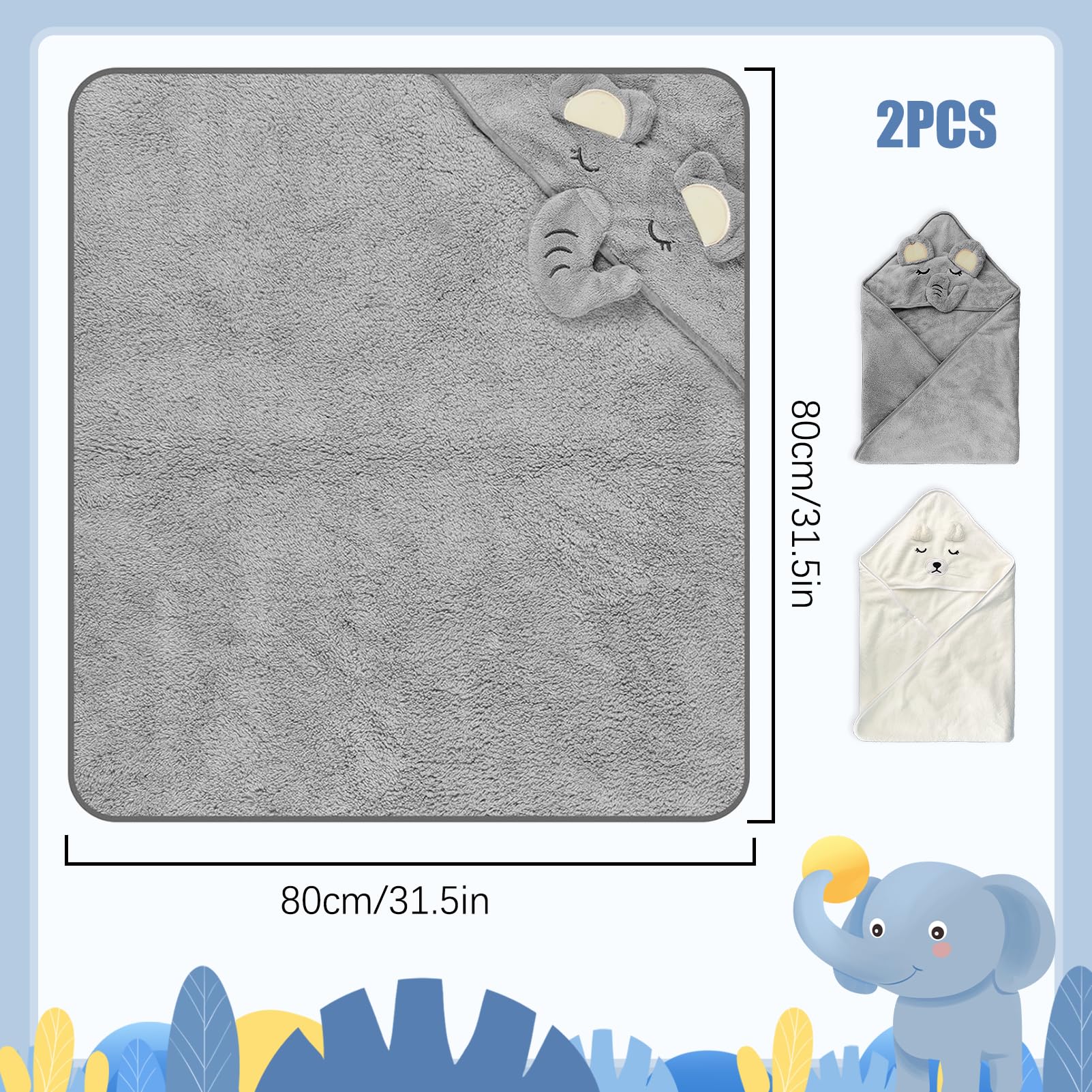 2 asciugamani con cappuccio per bambini, 80 x 80 cm, con cappuccio, in tessuto non tessuto corallo, per neonati
