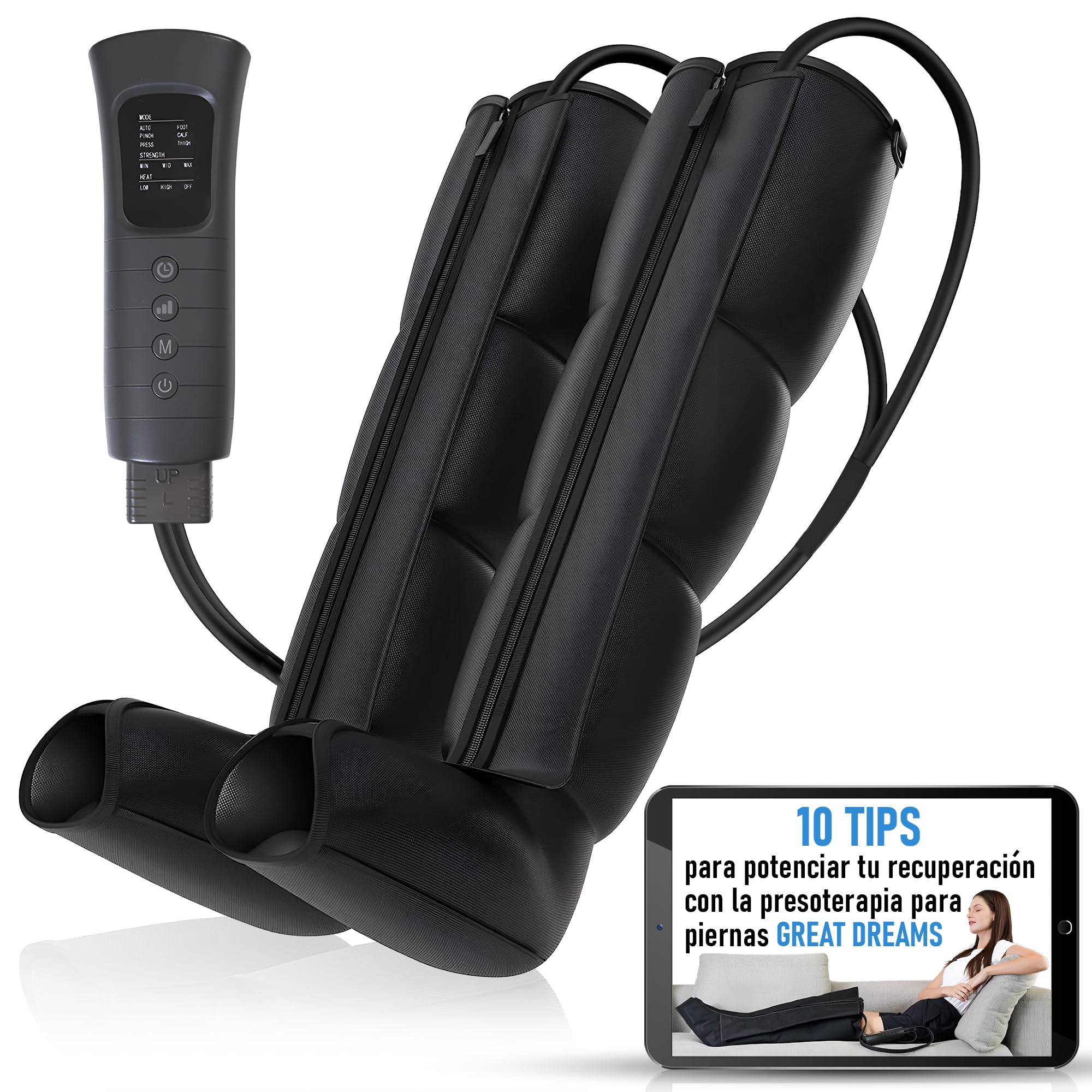 GreatDreams® Botas de Presoterapia para Piernas - Masajeador de Piernas con Calor y Compresion de Aire 360° - Presoterapia para Casa con 3 Modos - Relajacion y Recuperacion Muscular, Drenaje Linfatico