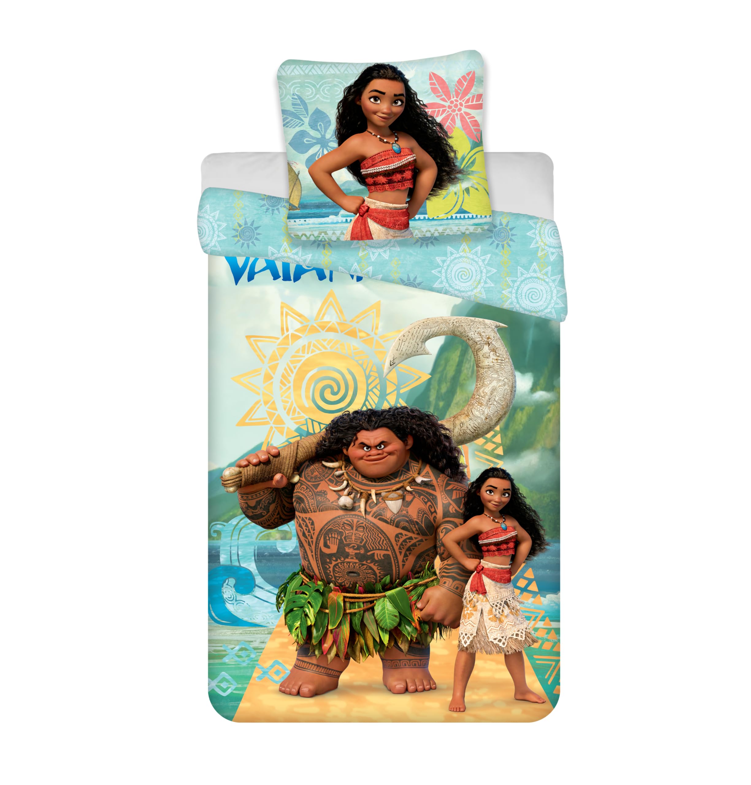 Jerry Fabrics Multi-Colord Moana 2 Bedding Set, 100% Cotton, Reversible Duvet Cover 140 X 200 Cm + Pillowcase 65 X 65 Cm, With Moana And Maui