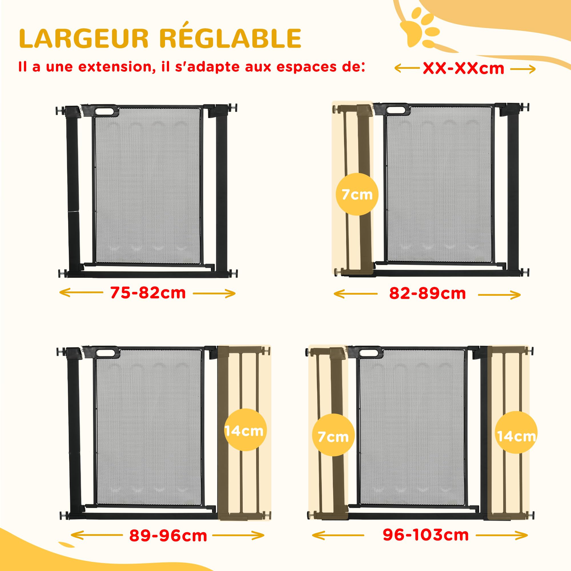 PawHut Barrière de sécurité pour Animaux Domestique avec Fermeture Automatique Double Verrouillage Largeur 75-103 cm Noir